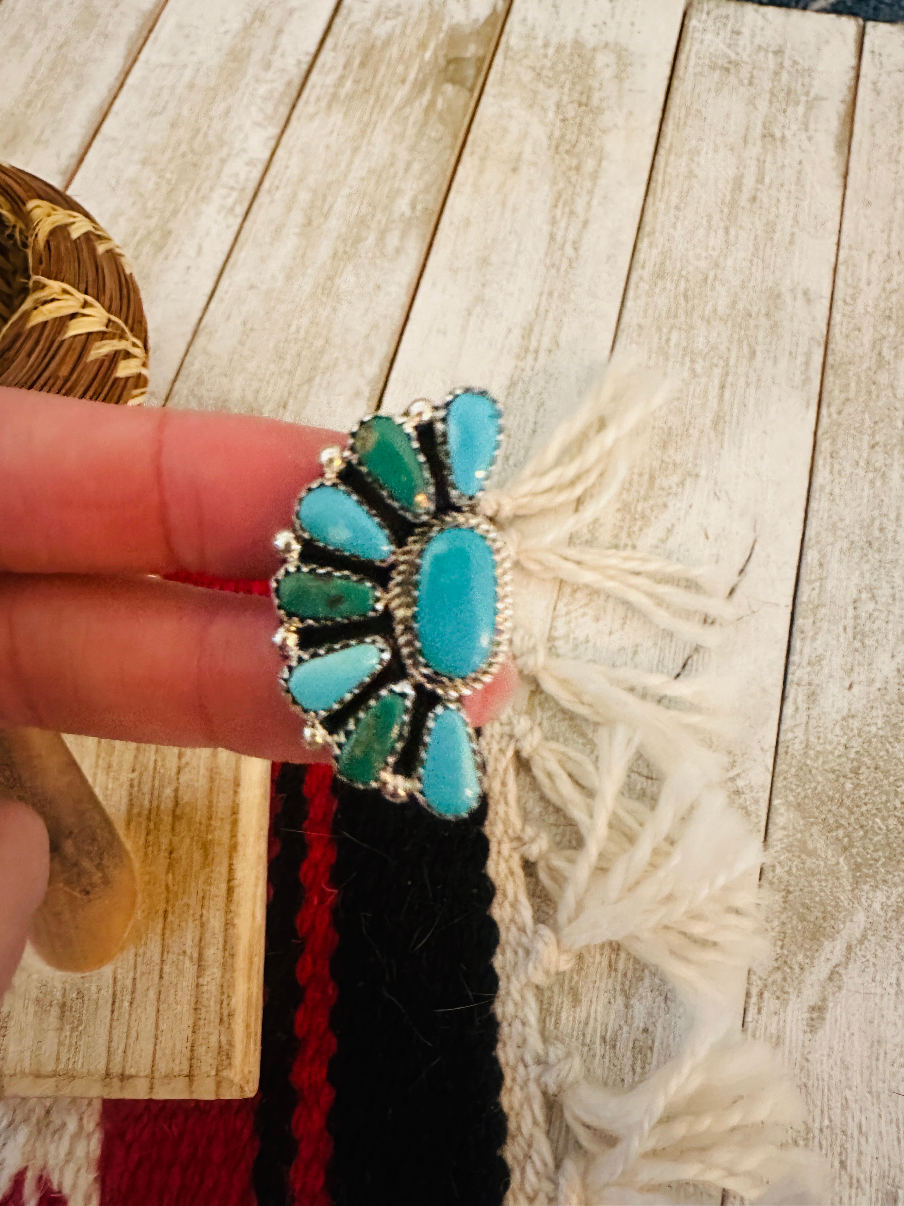 Handcrafted Sterling Silver & Turquoise Cluster Adjustable Ring