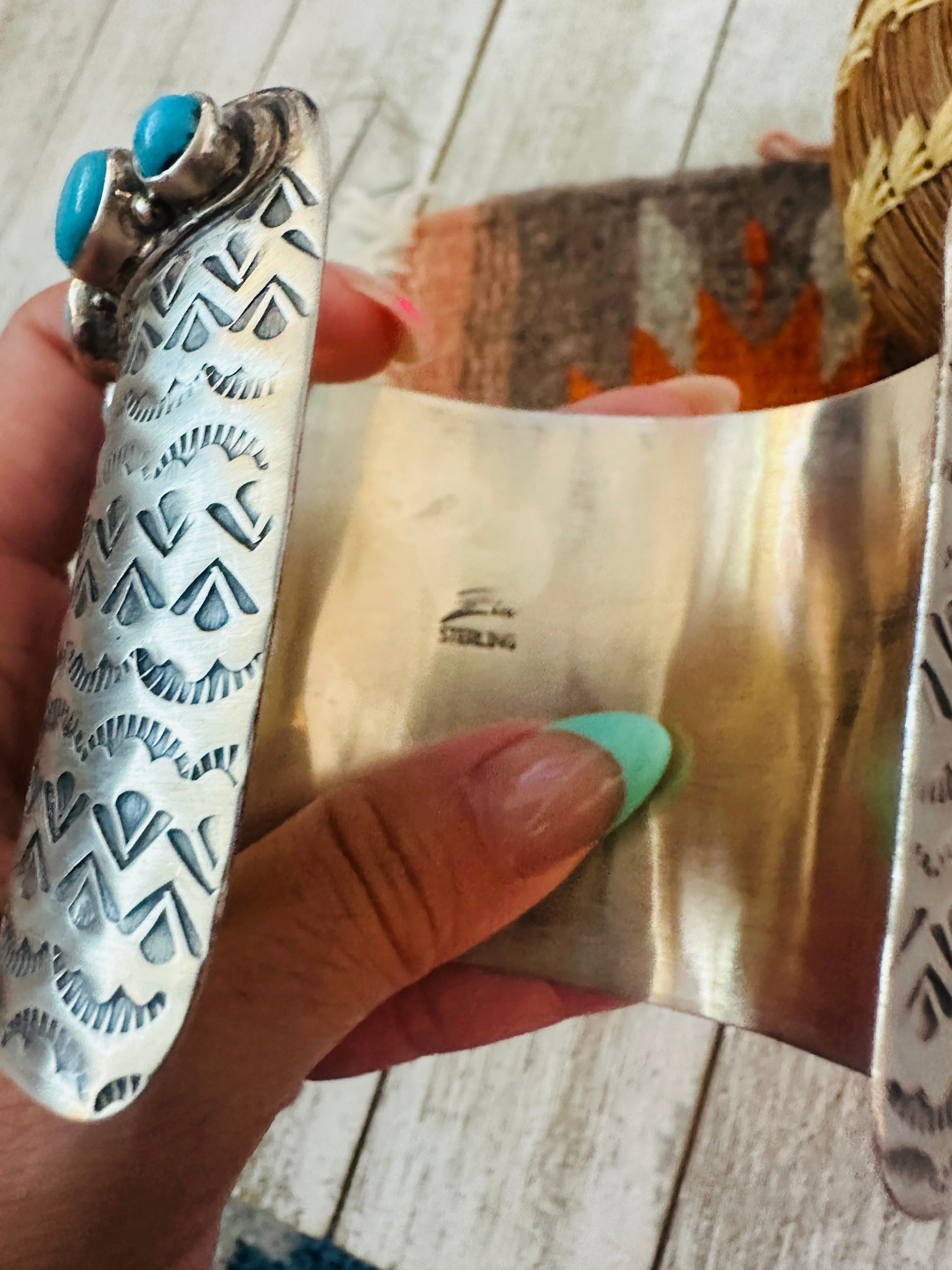 Handcrafted Sterling Silver & Turquoise Bullhead Cluster Cuff Bracelet /