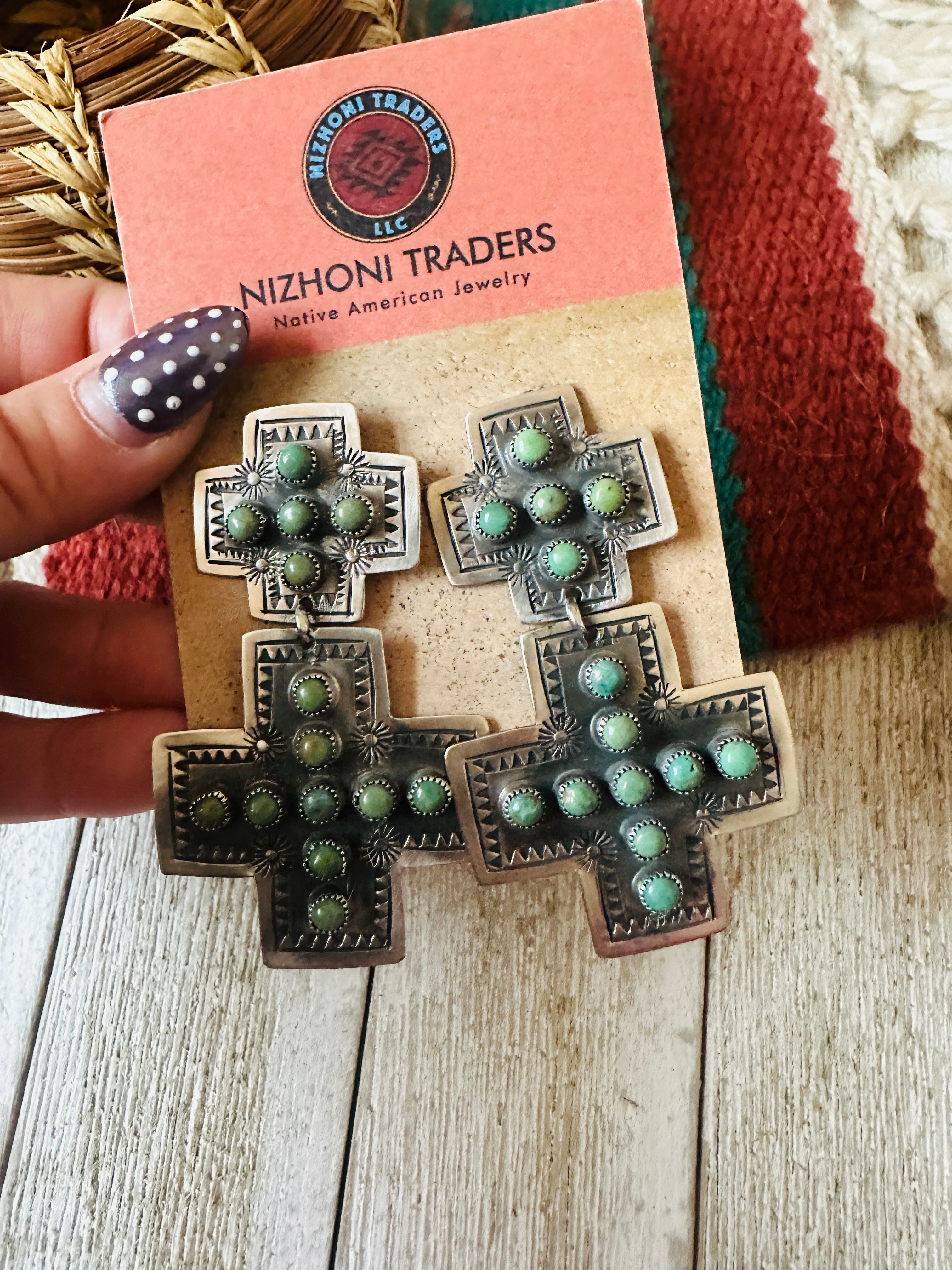 Handcrafted Turquoise & Sterling Silver Cross Dangle Earrings