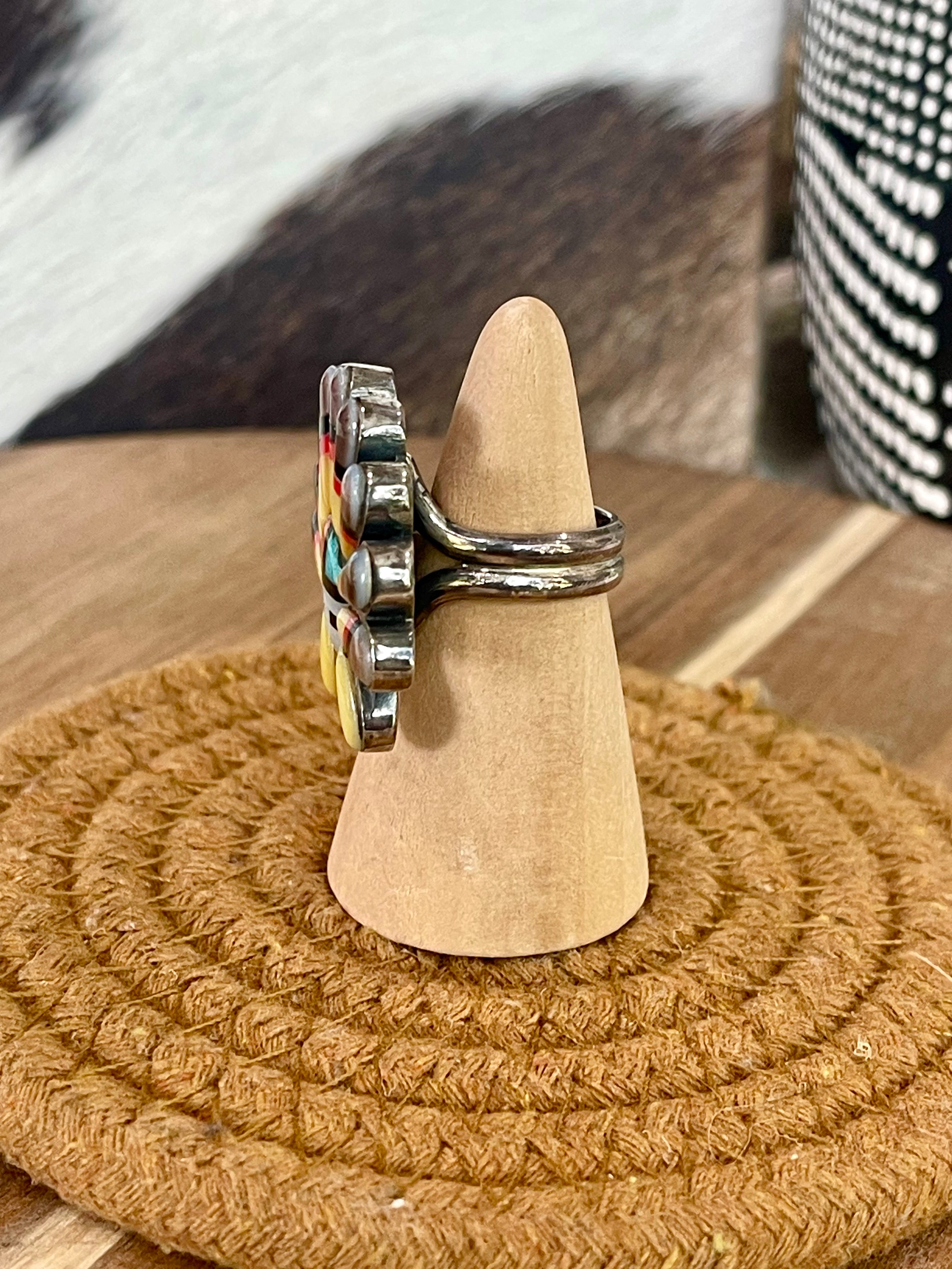 Handmade Sterling Silver & Multi Stone Sunface Adjustable Ring