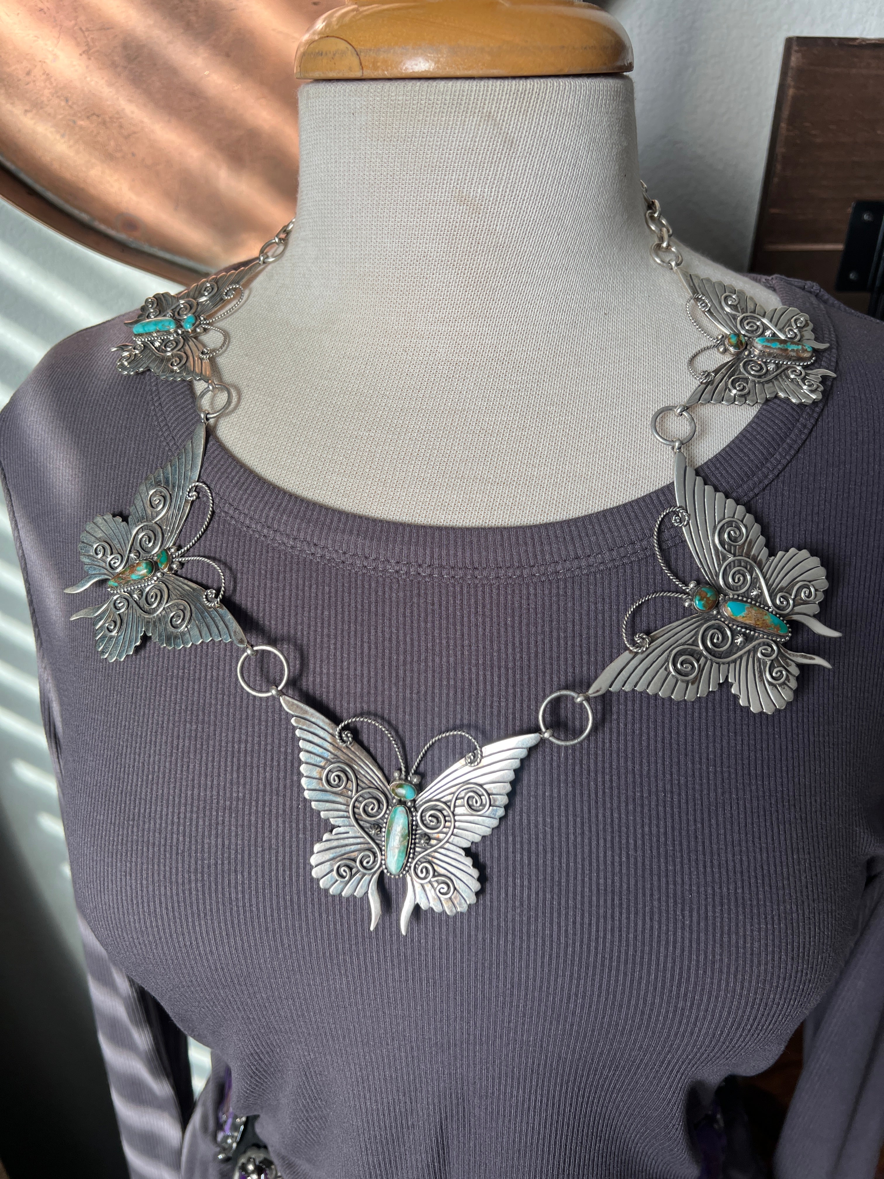 Lee Charley Handcrafted Sterling Silver and Turquoise Butterfly Lover’s Link Necklace, Belt or Hat Adornment