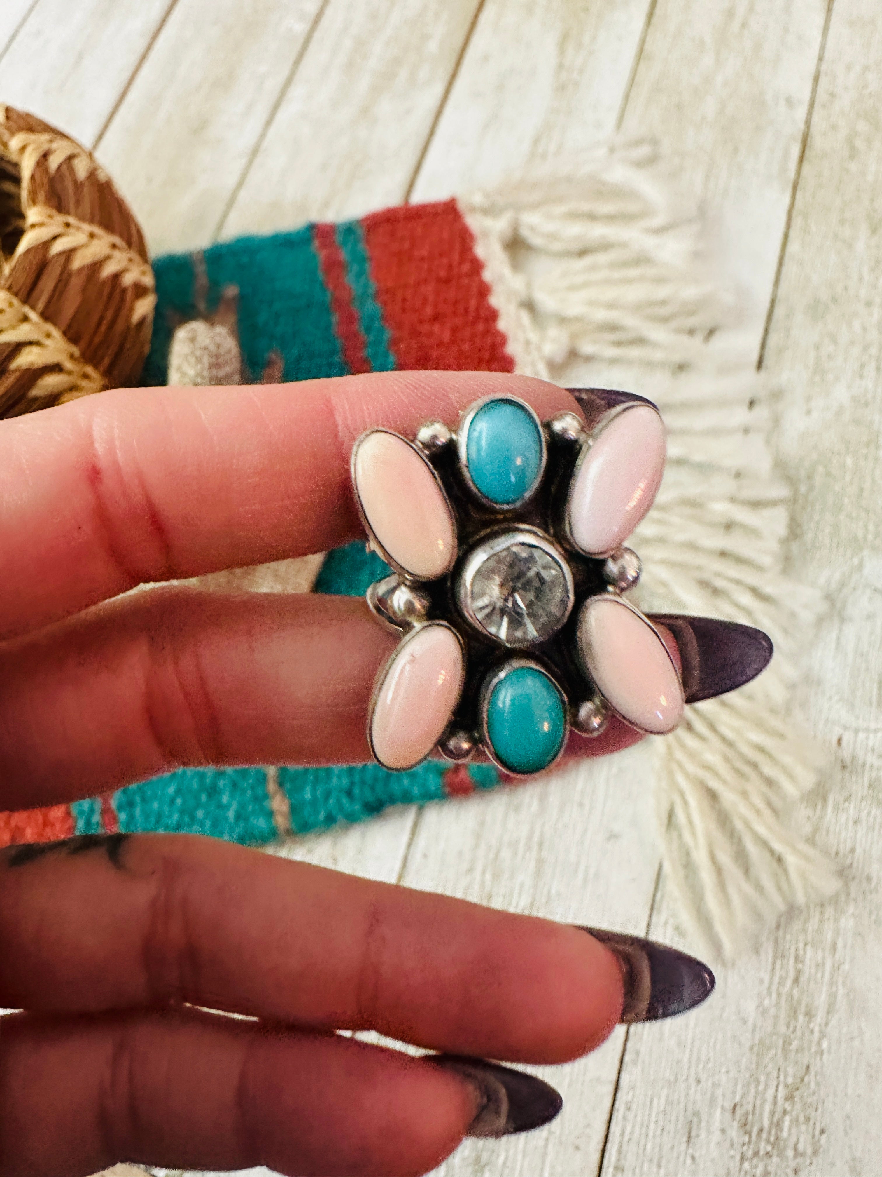 Handcrafted Queen Pink Conch, Turquoise & Sterling Silver Adjustable Ring by Jacqueline Silver