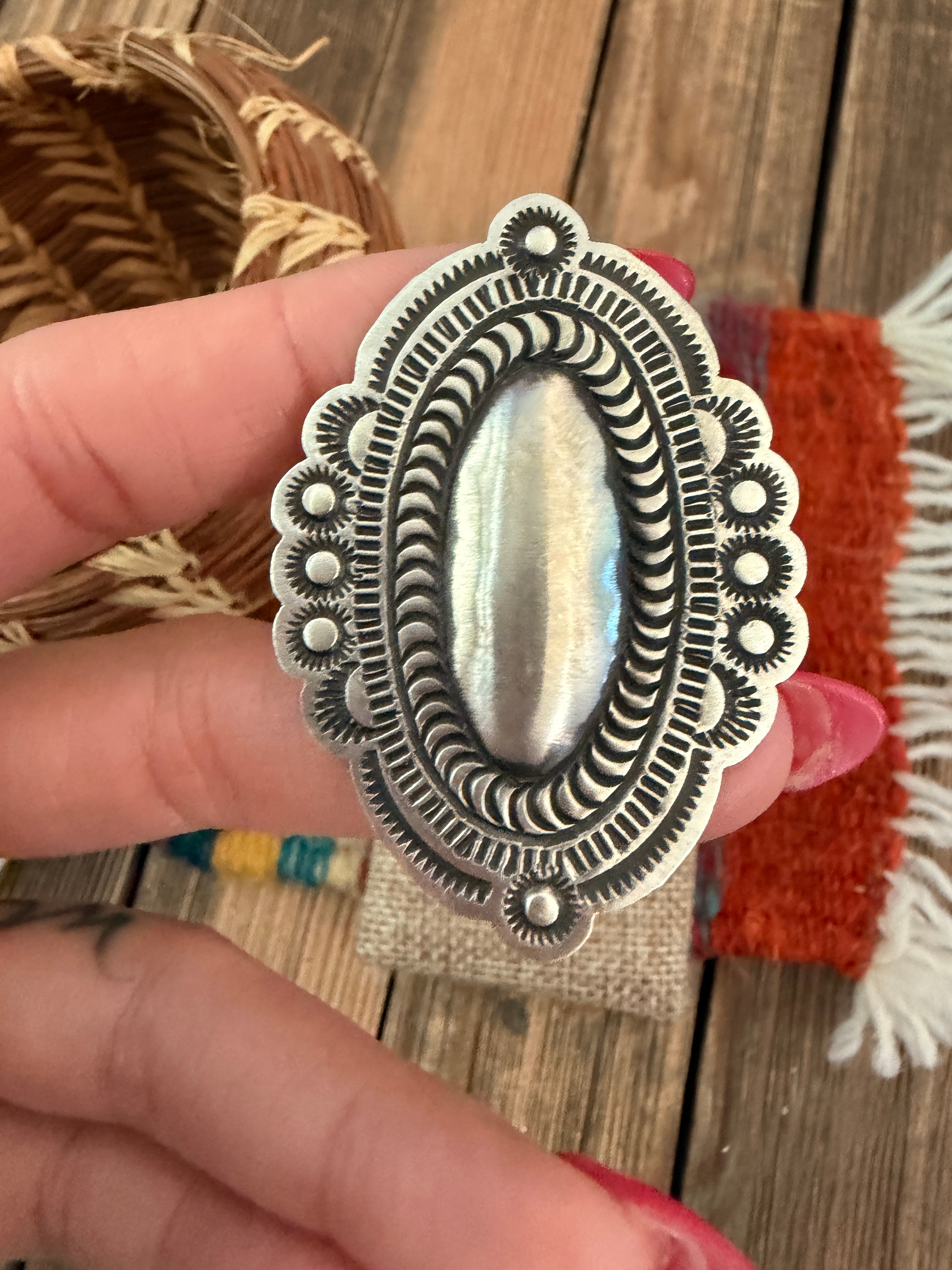 Handcrafted Sterling Silver Adjustable Concho Ring by Leander Tahe