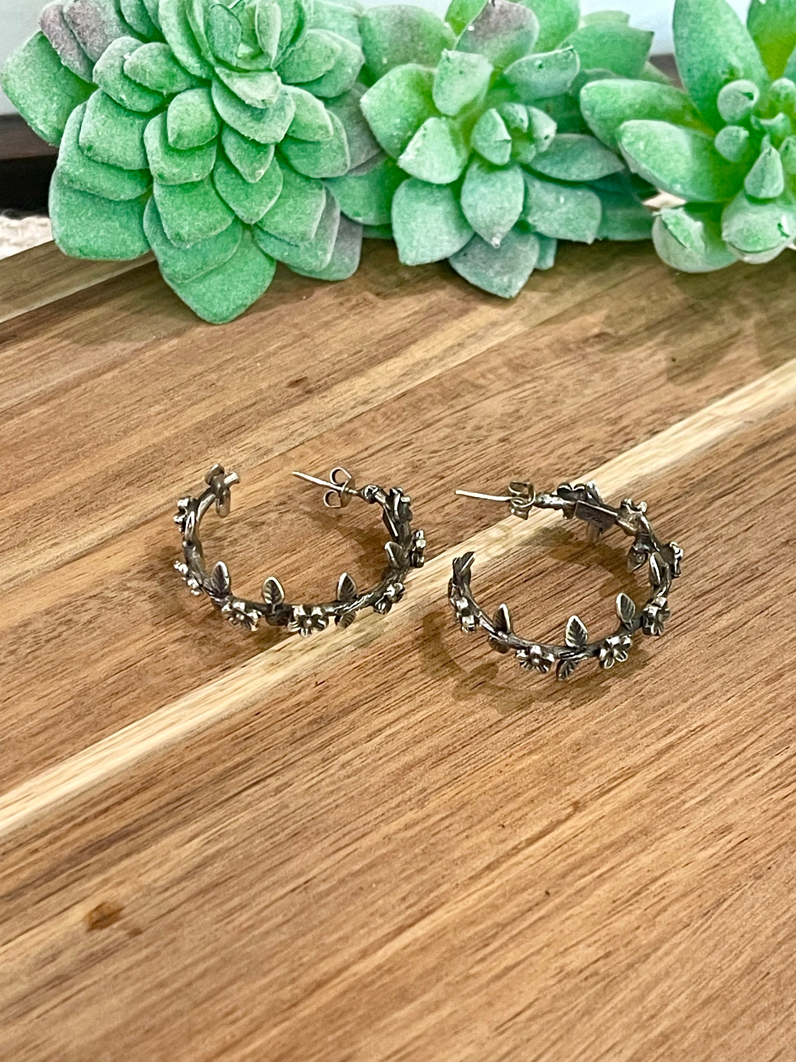 Handmade In Mexico Sterling Silver, Hoop Flower Earrings