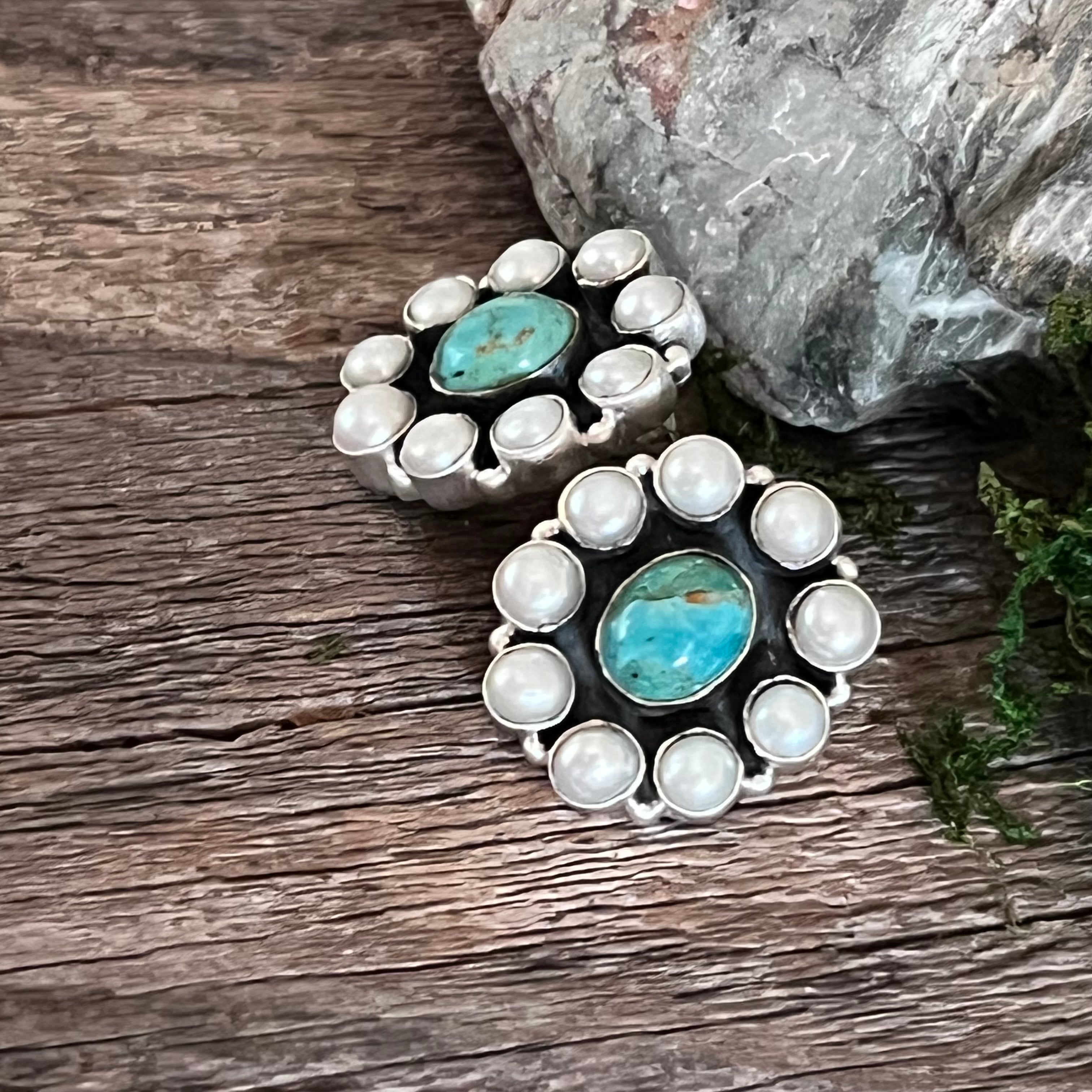 Handmade Sterling Silver Turquoise & Mother of Pearl Cluster Stud Earrings