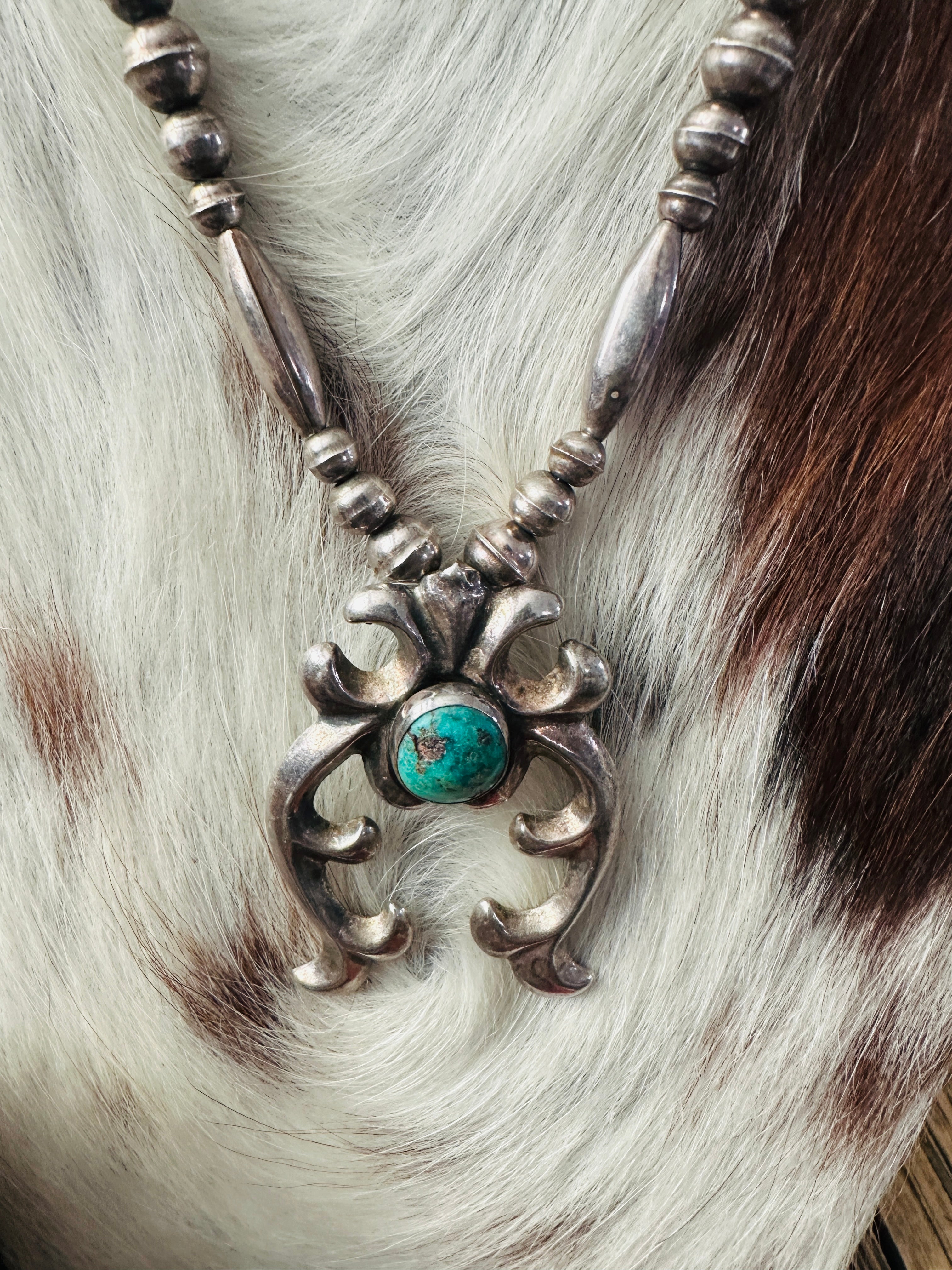 Old Pawn Handcrafted Turquoise & Sterling Silver Beaded Naja Necklace