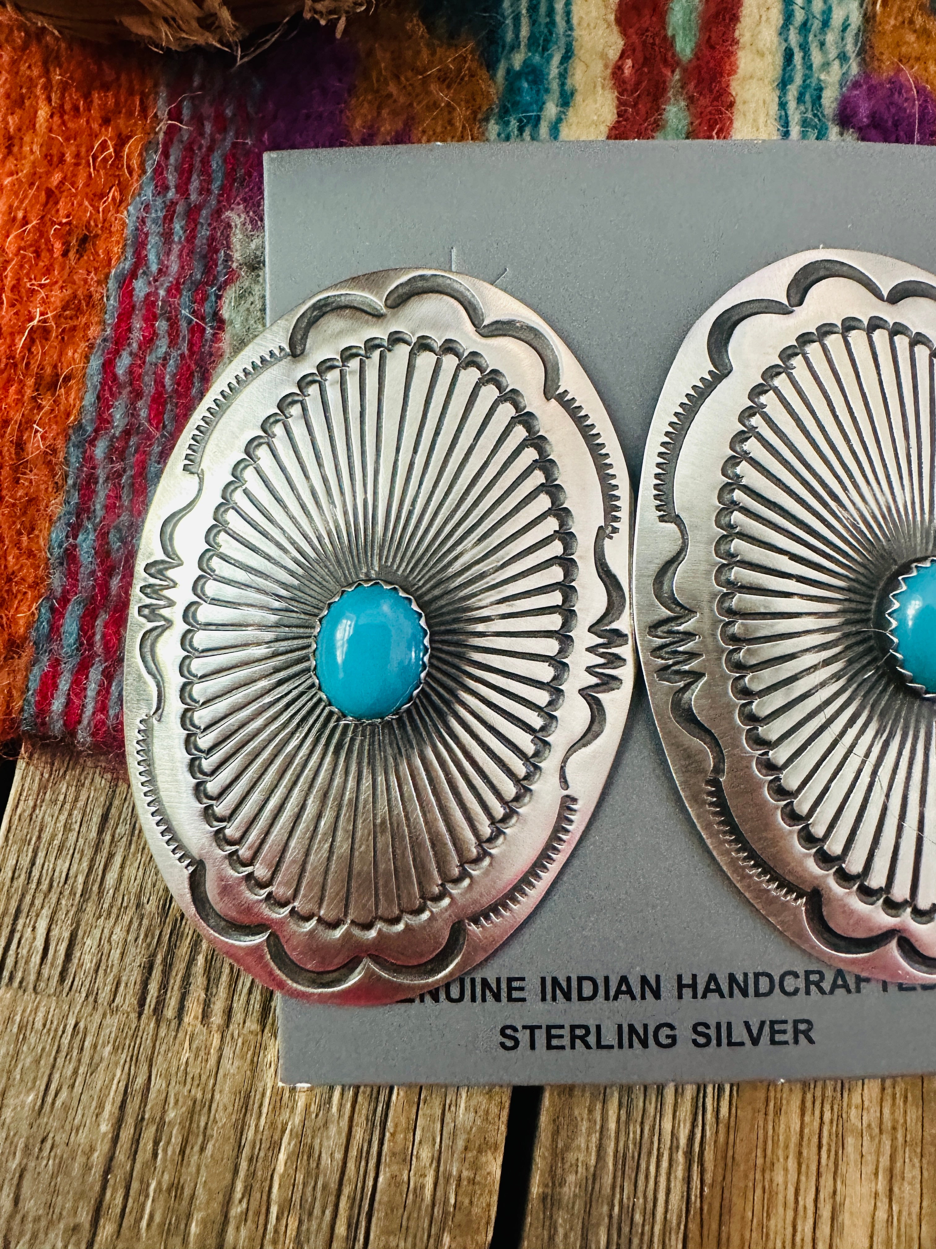 Handcrafted Turquoise & Sterling Silver Concho Post Earrings by Leander Tahe
