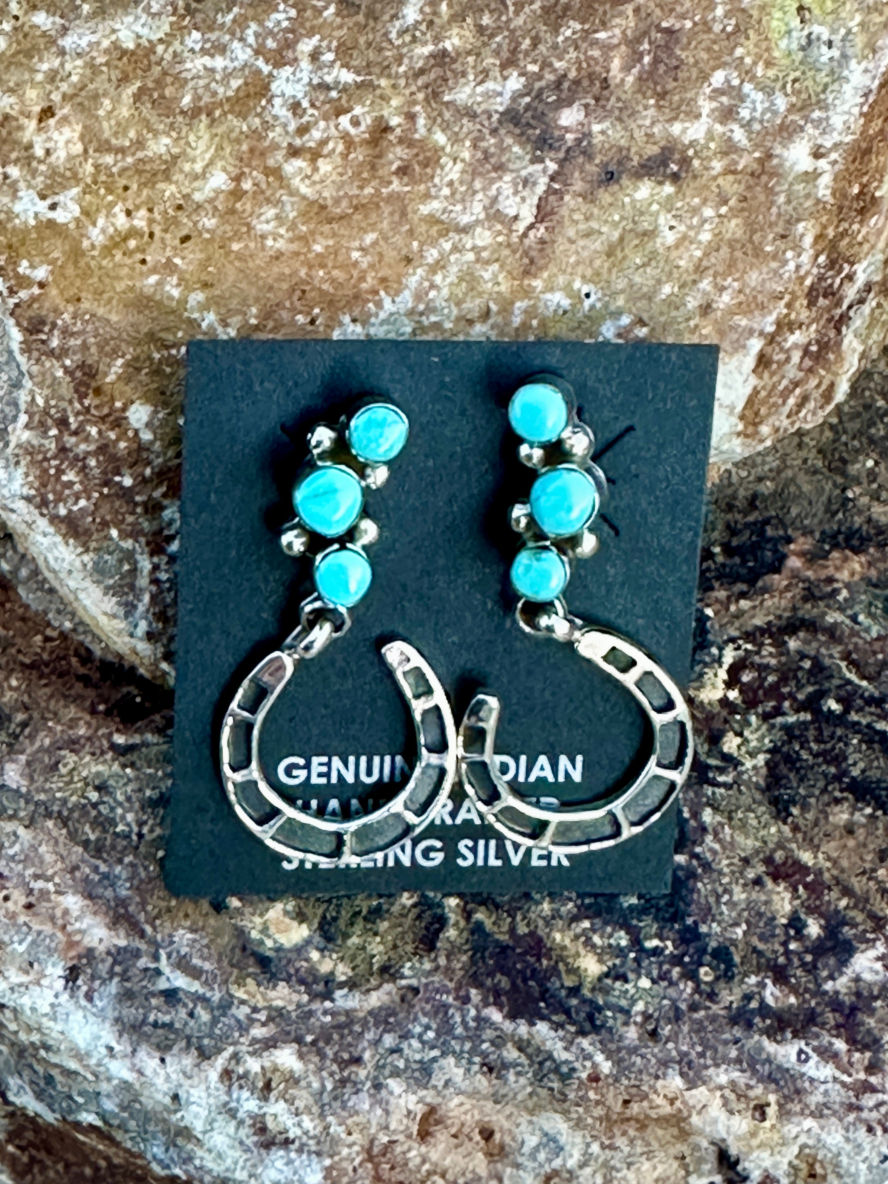 Handcrafted 3 Stone Turquoise & Sterling Silver Horseshoe Earrings