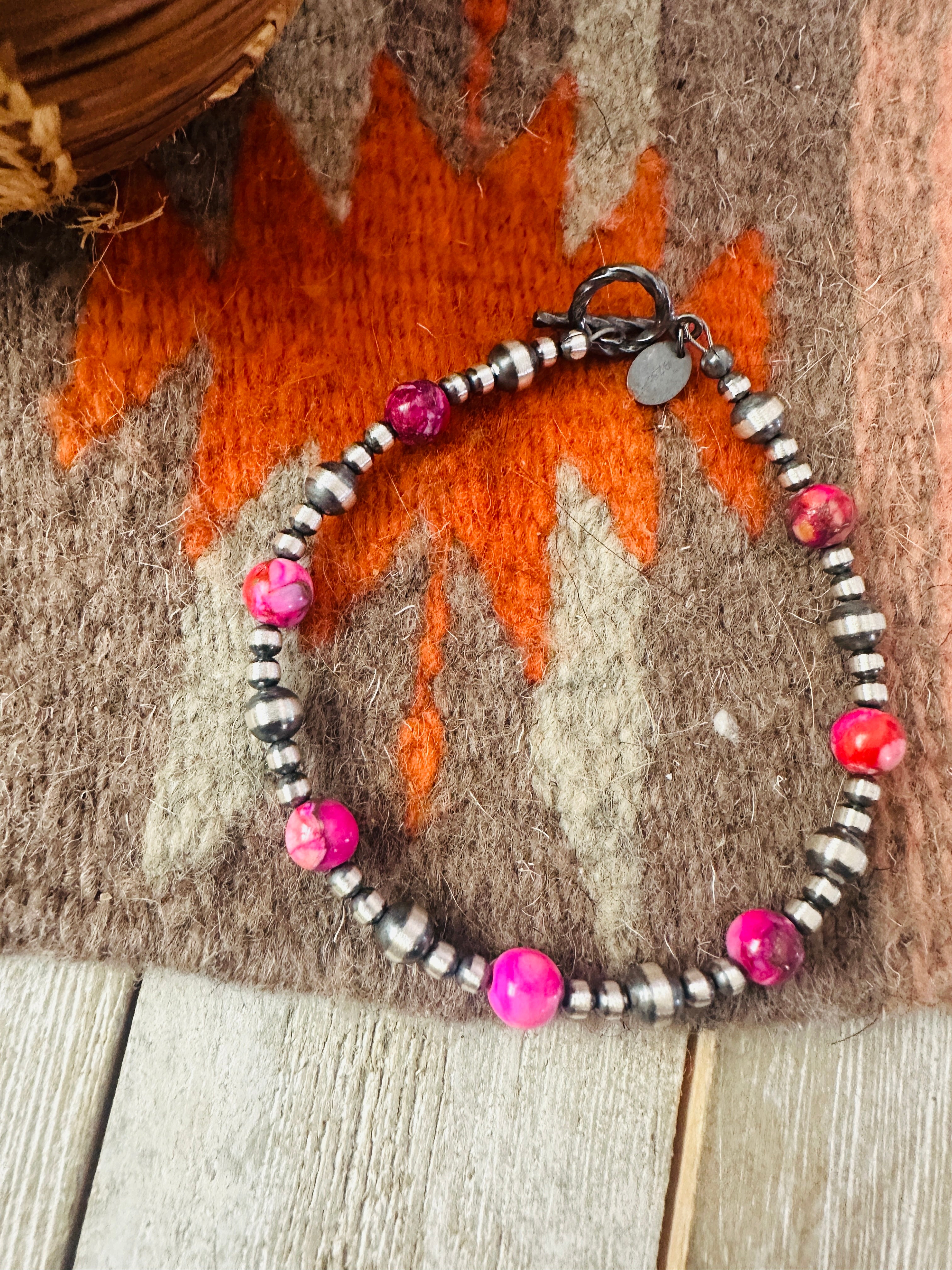 Handcrafted Pink Mojave and Sterling Silver Pearl Beaded Bracelet
