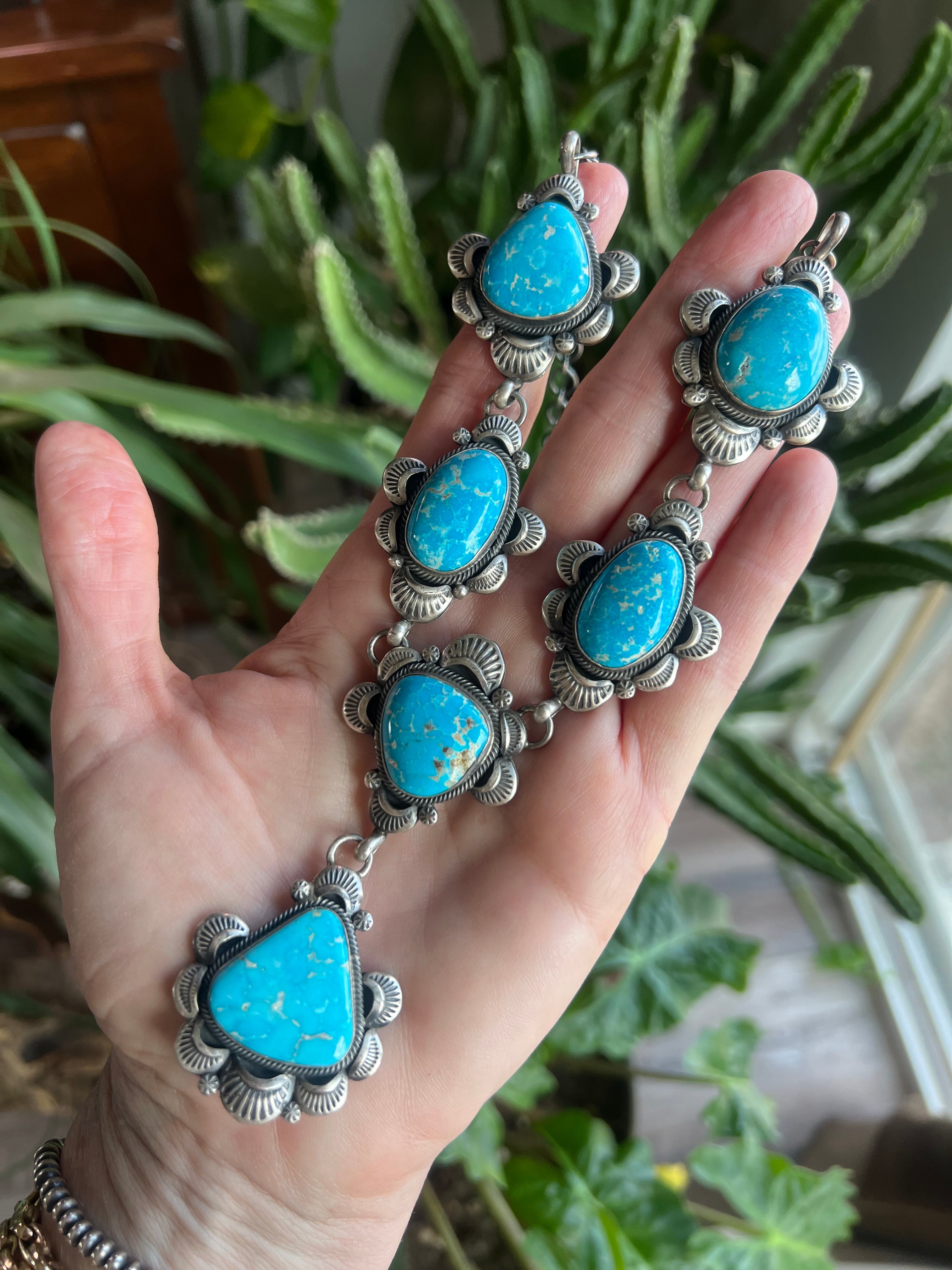 Handcrafted Stellar Sterling Silver and Whitewater Turquoise Necklace and Earrings Set by Gilbert Tom