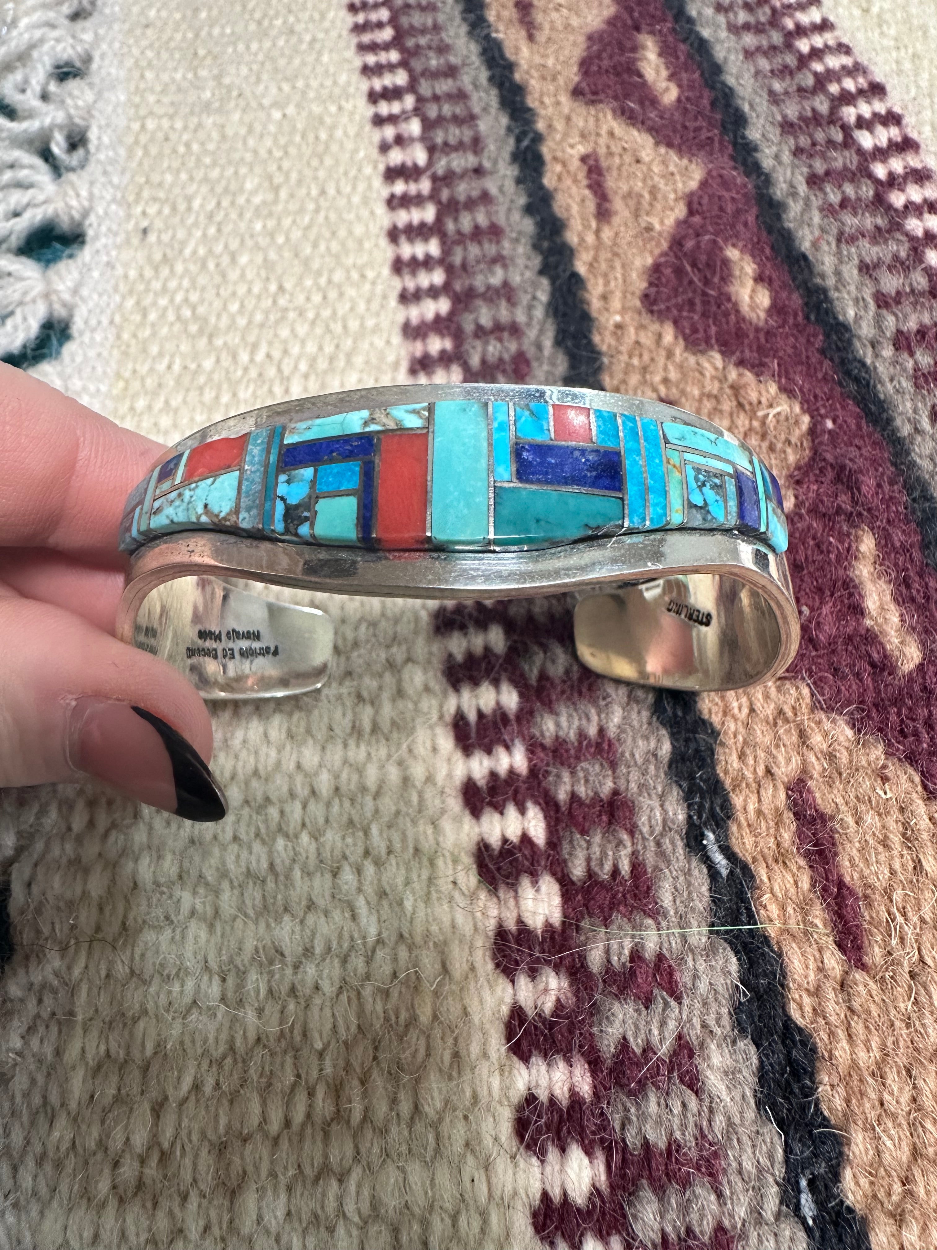 Handcrafted Multi Stone & Sterling Silver Inlay Cuff Bracelet Signed Patricia Becenti