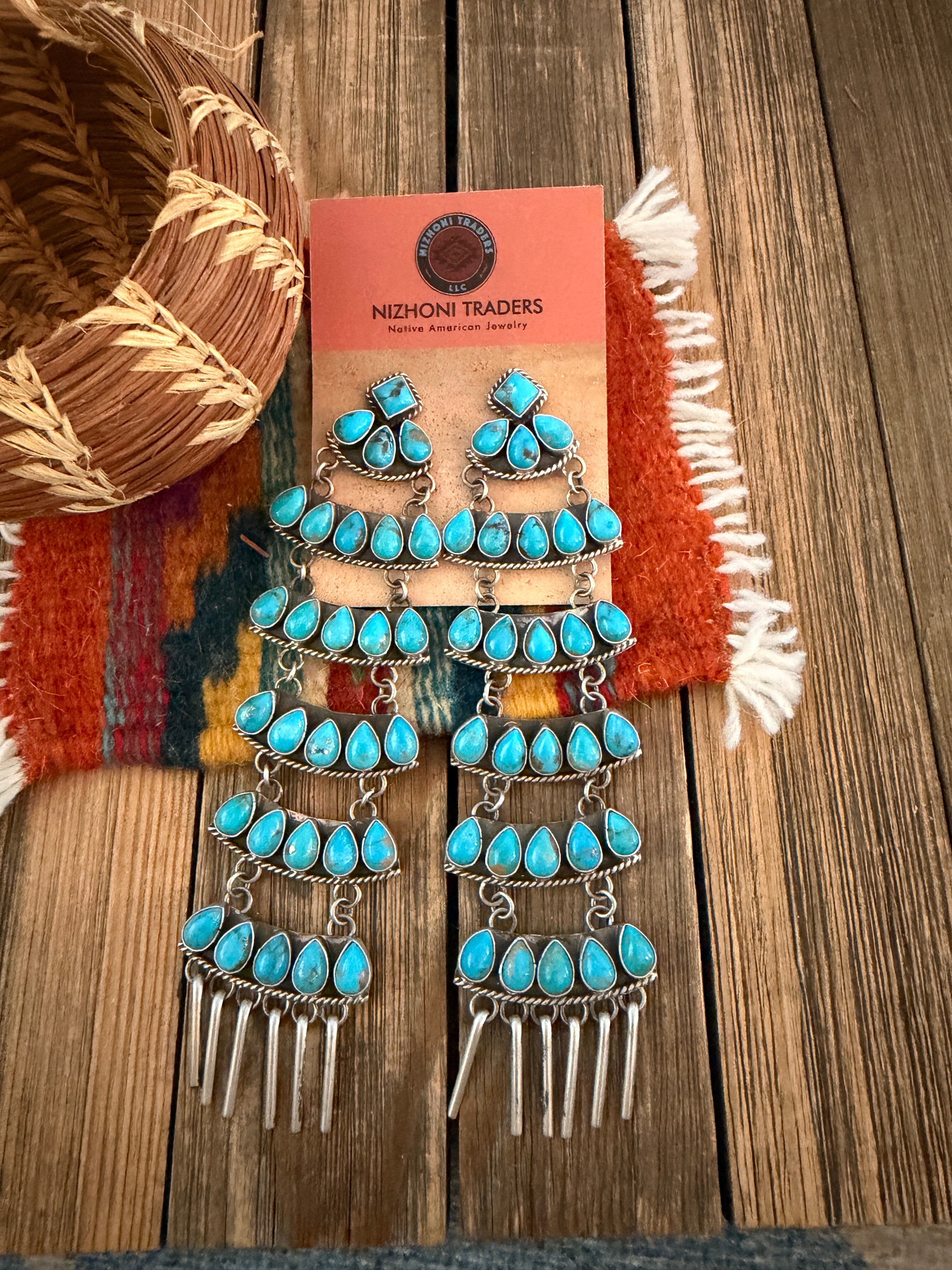 Handcrafted Turquoise & Sterling Silver Chandelier Dangle Earrings by Charles Johnson