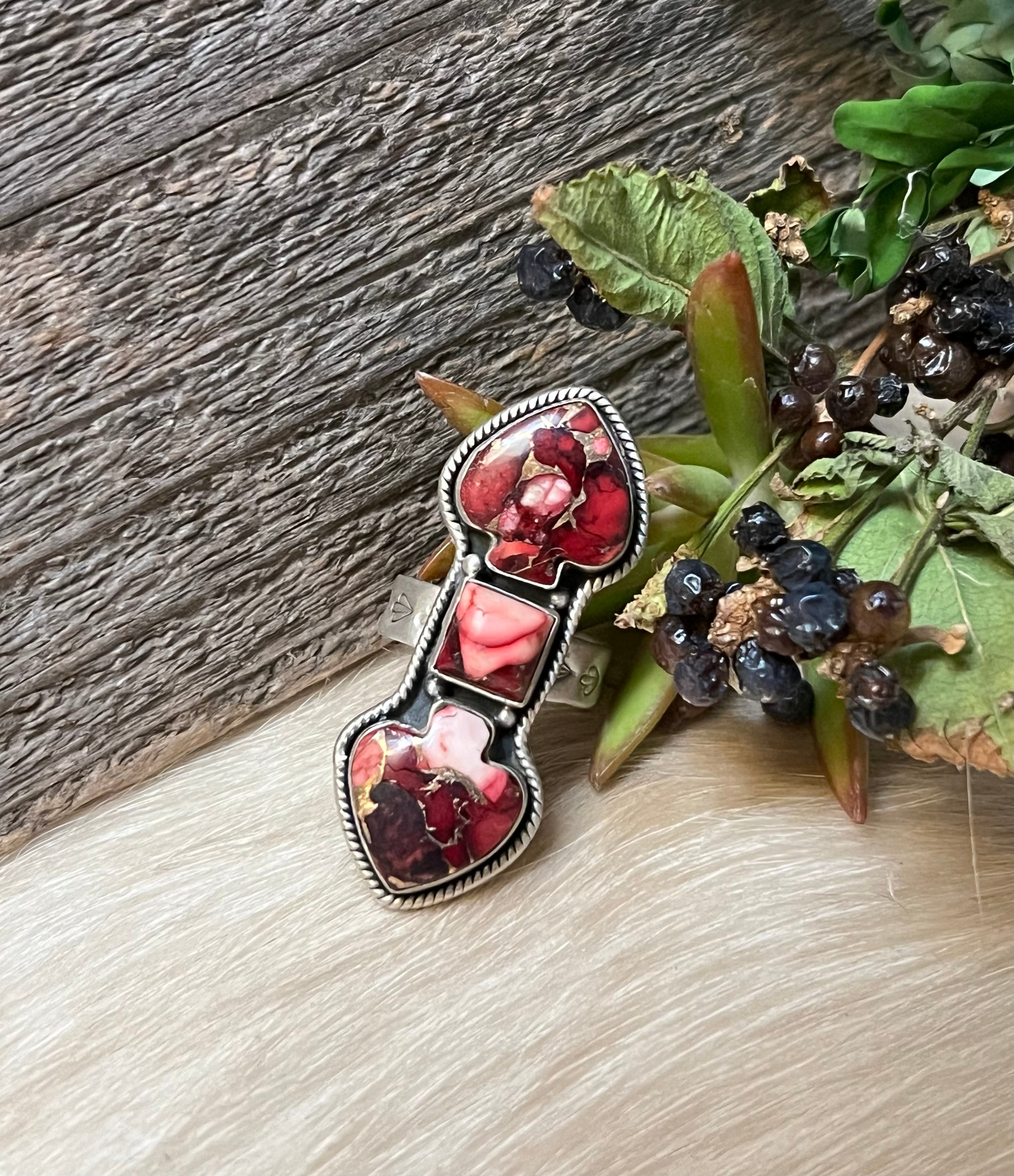 Handmade Rose Dahlia 3 Stone & Sterling Silver Adjustable Ring