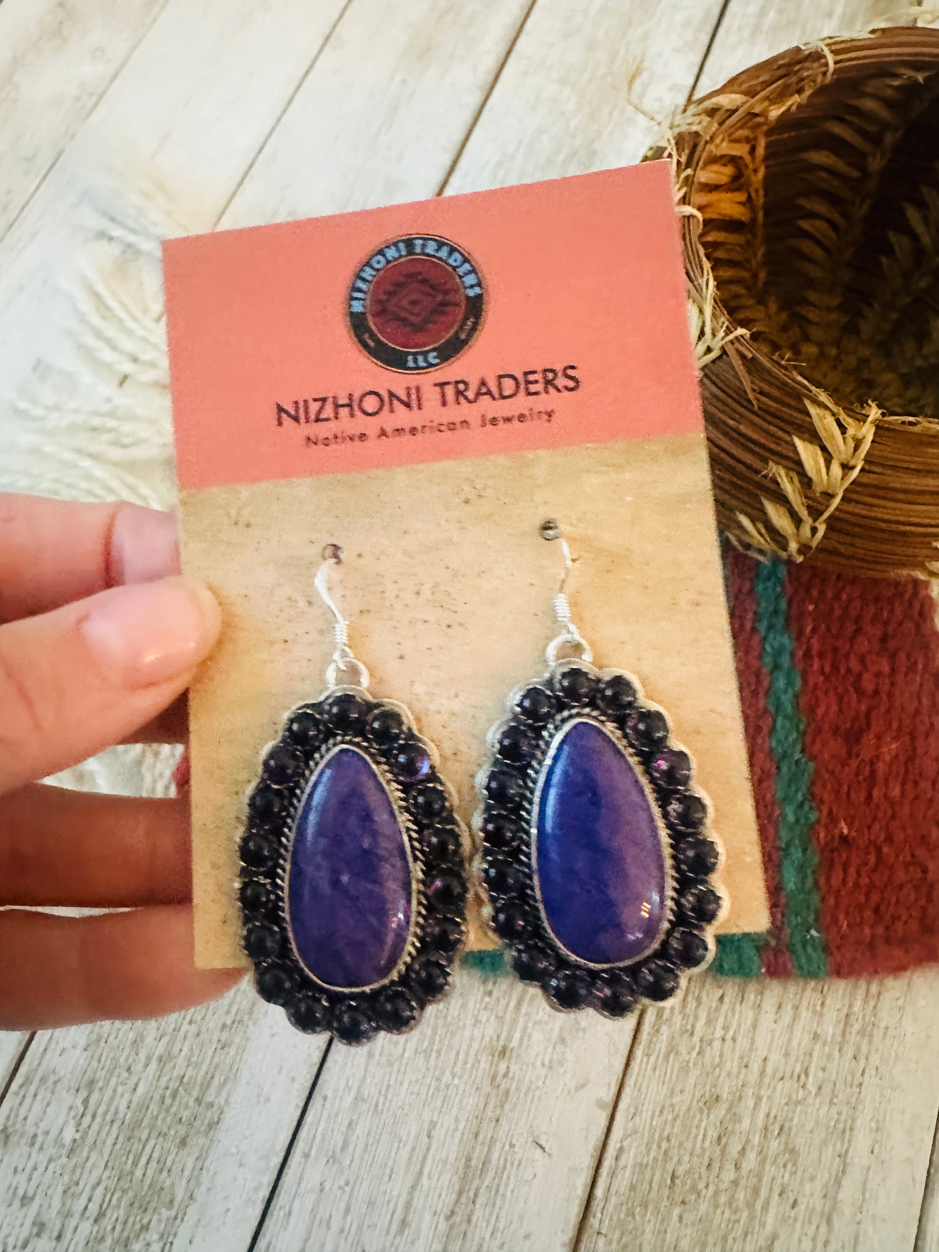 Navajo Sterling Silver, Charoite & Amethyst Cluster Dangle Earrings