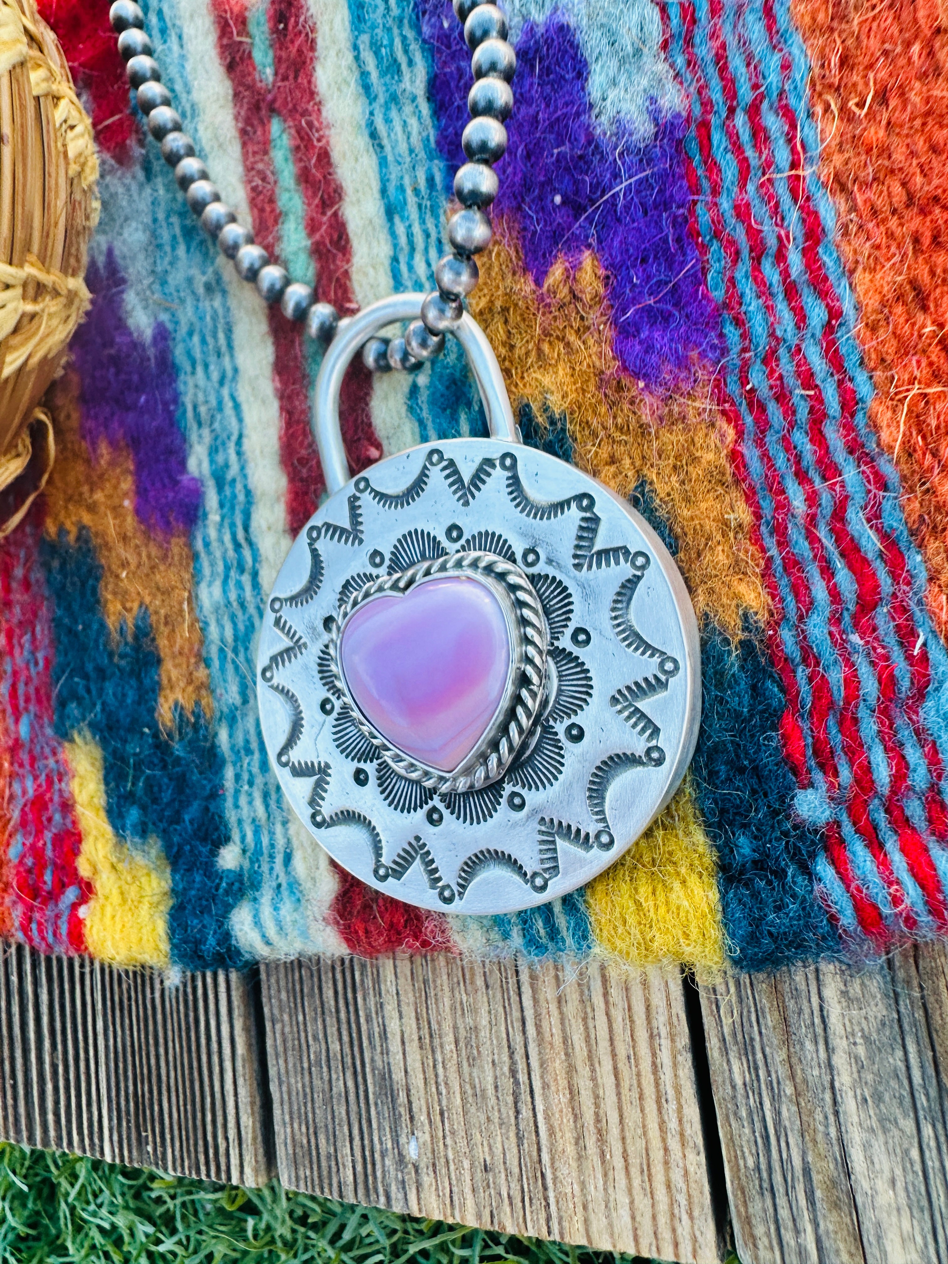 Handcrafted Queen Pink Conch & Sterling Silver Heart Locket Style Pendant by Charles Johnson