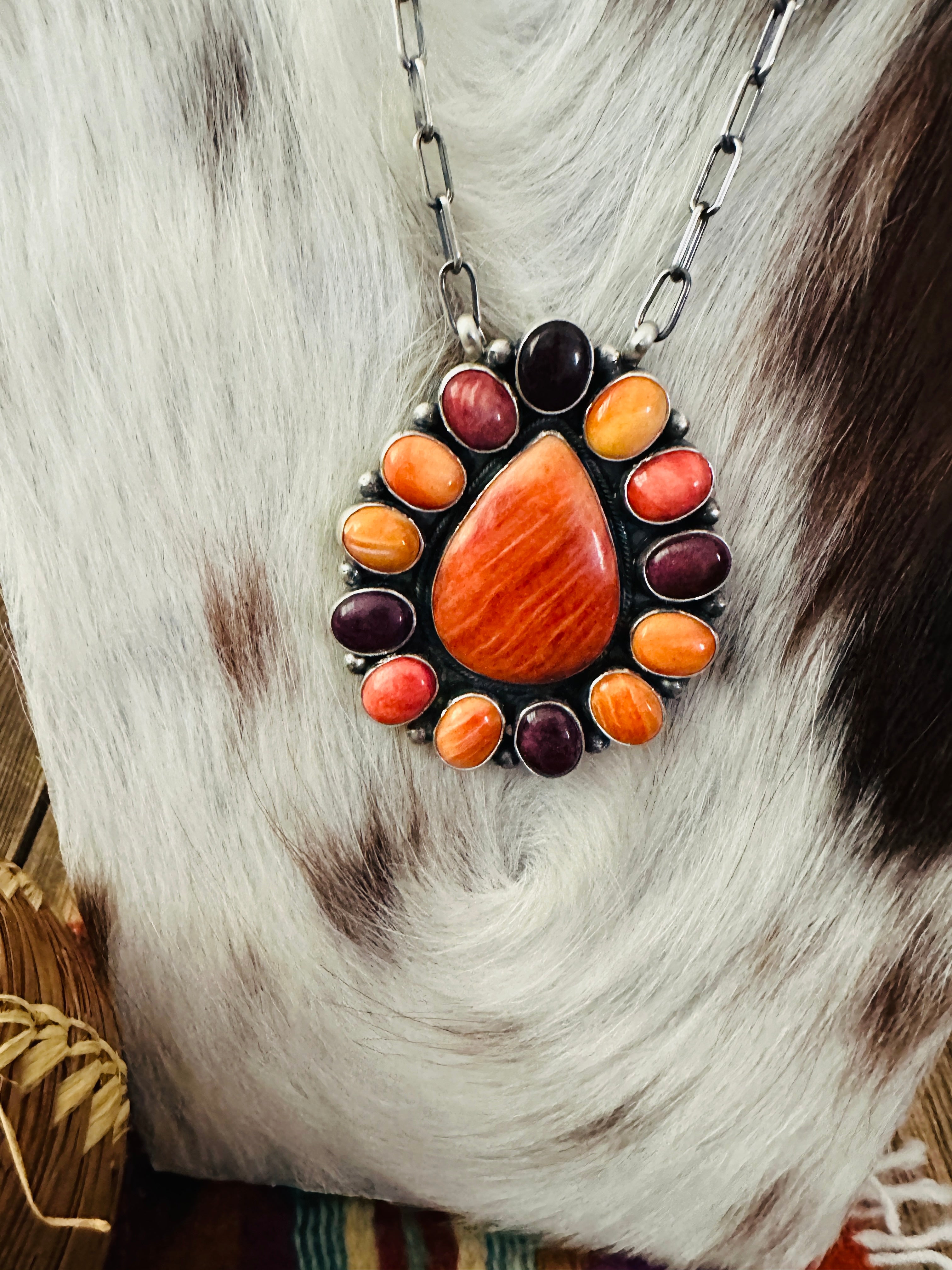 Handcrafted Multicolor Spiny Oyster & Sterling Silver Cluster Necklace by Sheila Becenti