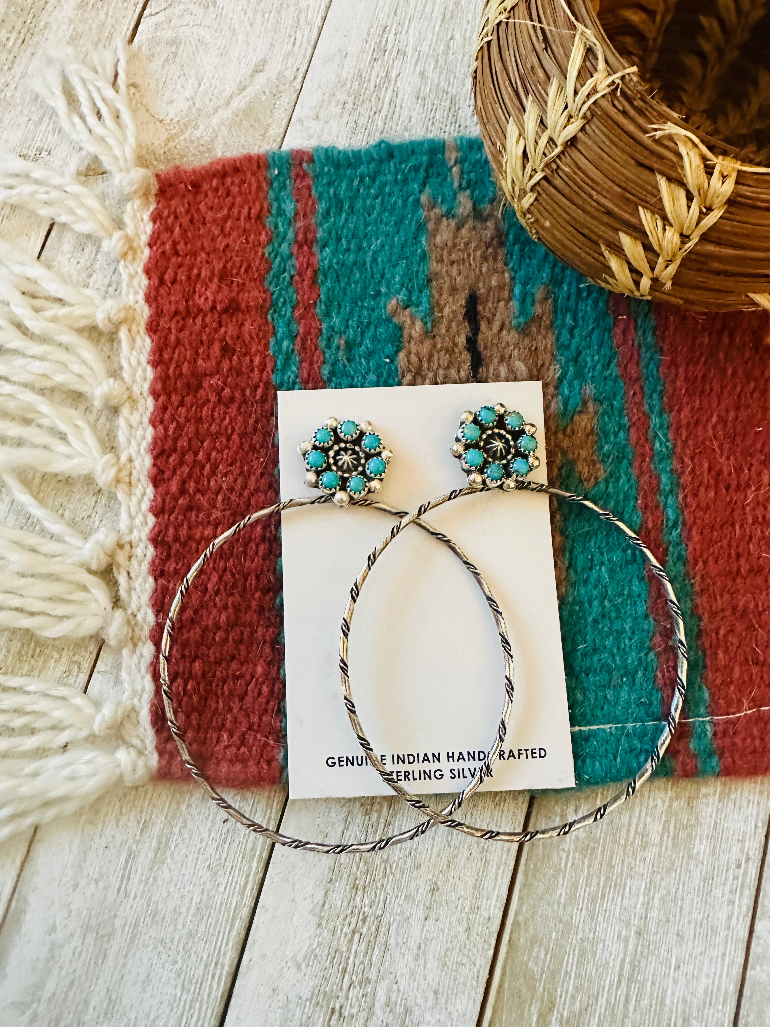 Handcrafted Turquoise and Sterling Silver Cluster Hoop Earrings