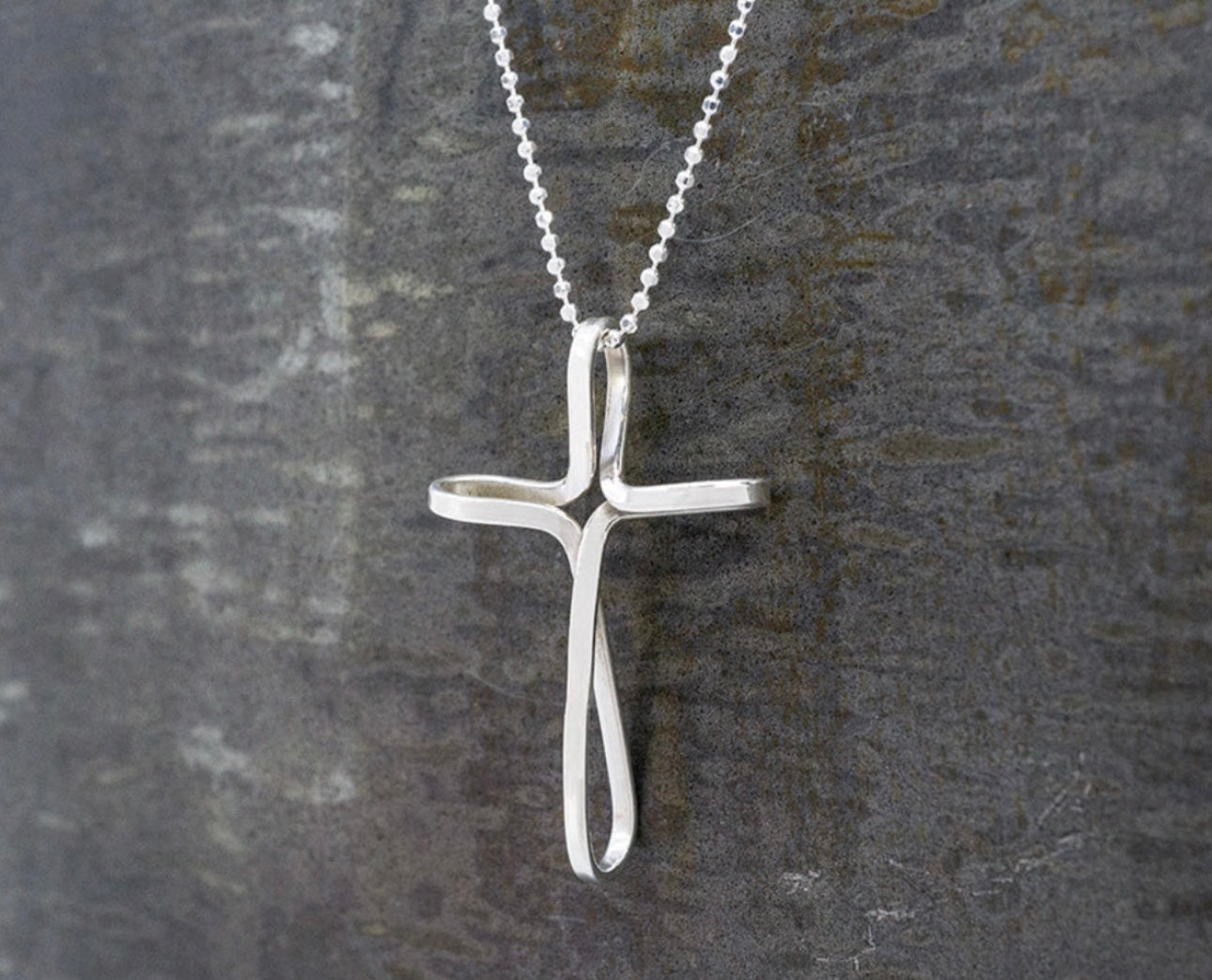 Large Hammered Ribbon Cross Sterling Silver Pendant Necklace