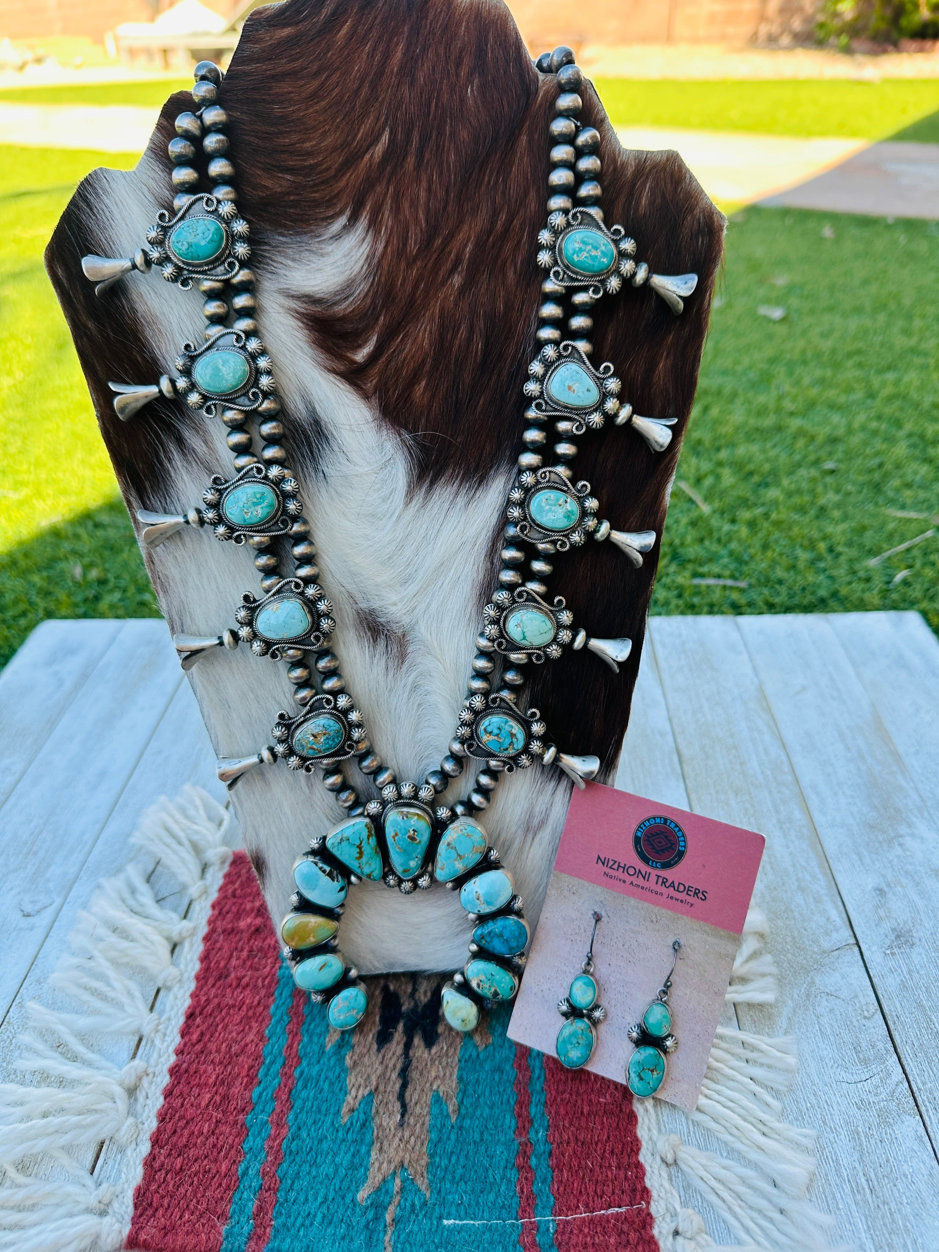 Handcrafted Turquoise & Sterling Silver Squash Blossom Necklace and Earring Set by Bobby Johnson