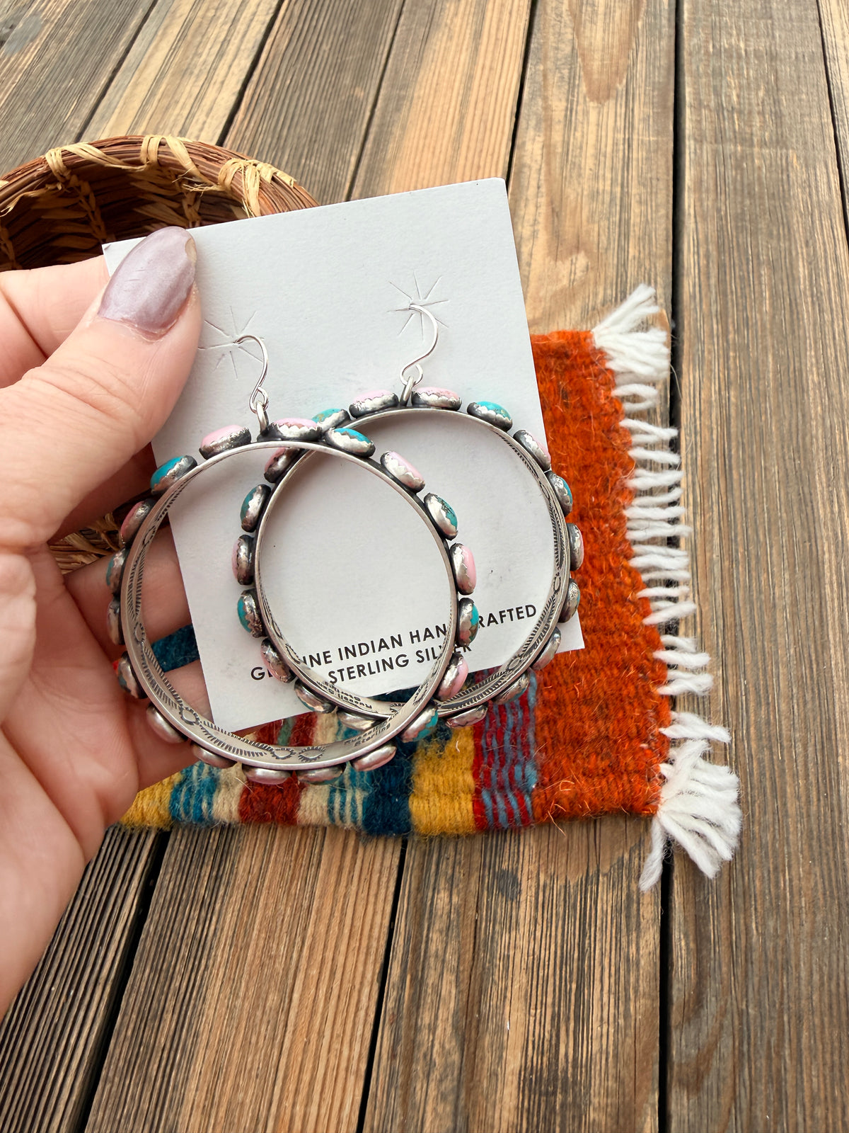 Handcrafted Turquoise, Queen Pink Conch & Sterling Silver Dangle Hoop Earrings by Russell Sam