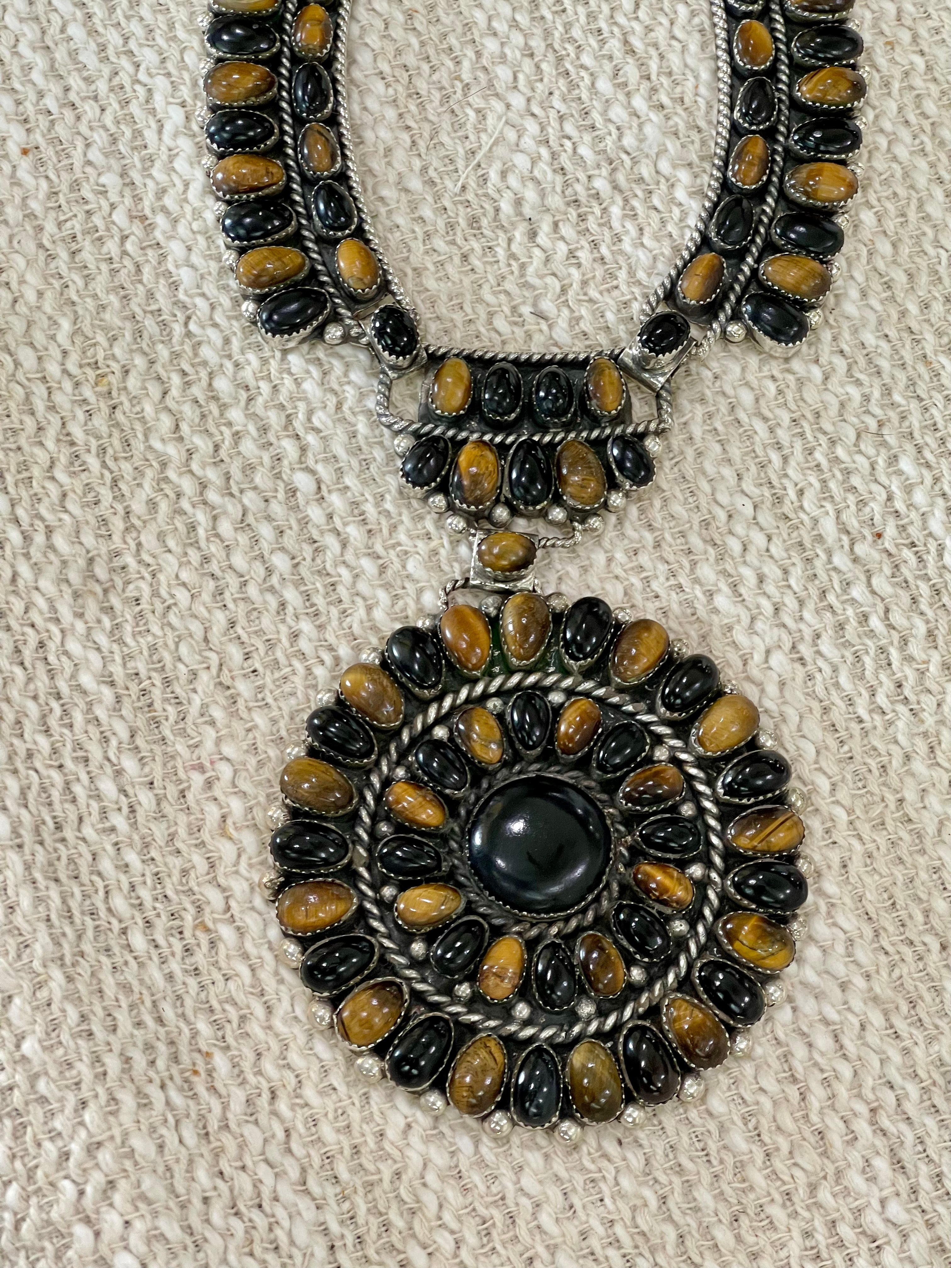 Beautiful Handmade Sterling Silver, Onyx & Tiger’s Eye Cluster Necklace And Earring Set