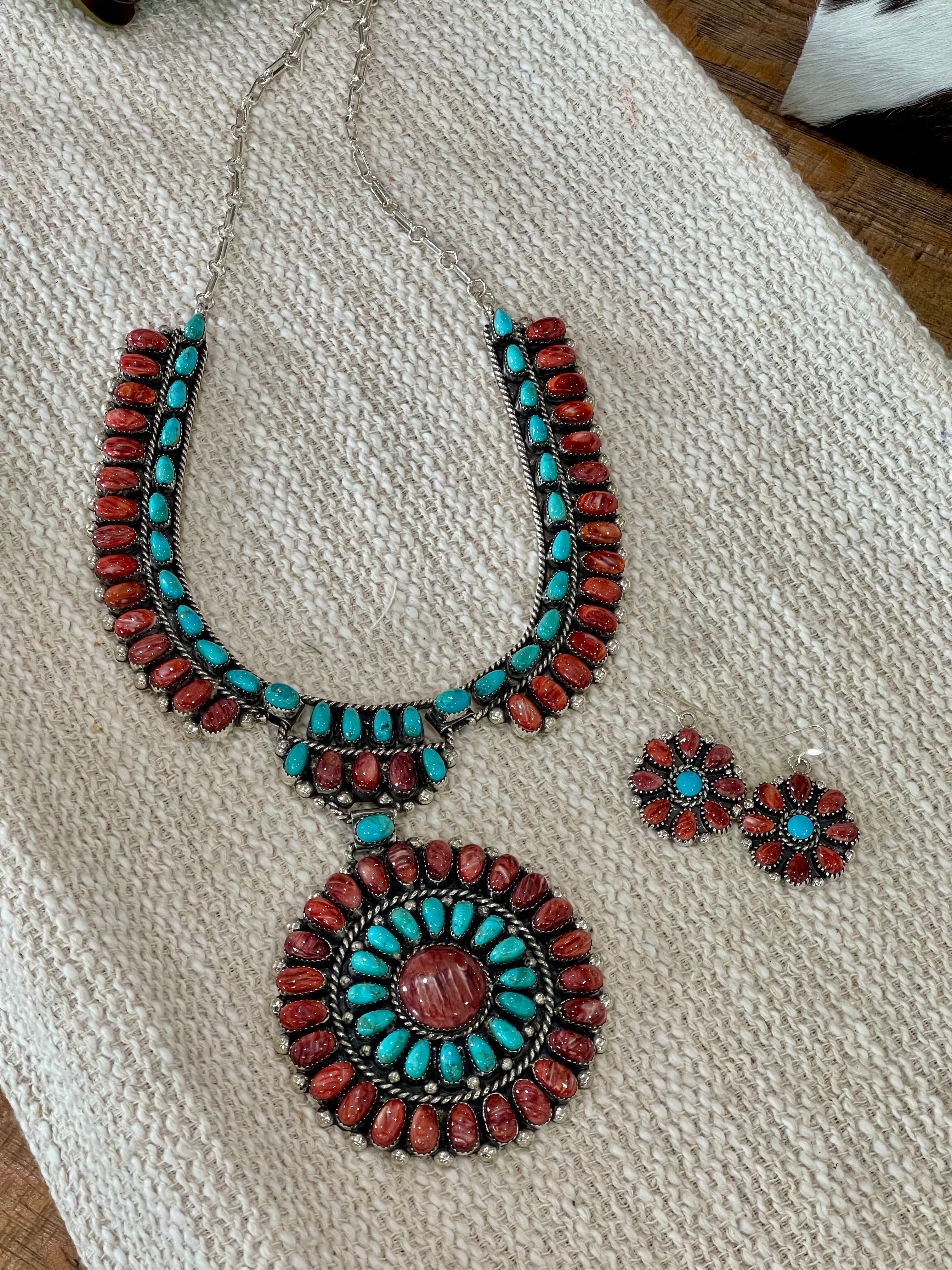 Beautiful Handmade Sterling Silver, Turquoise & Red Spiny Cluster Necklace And Earring Set