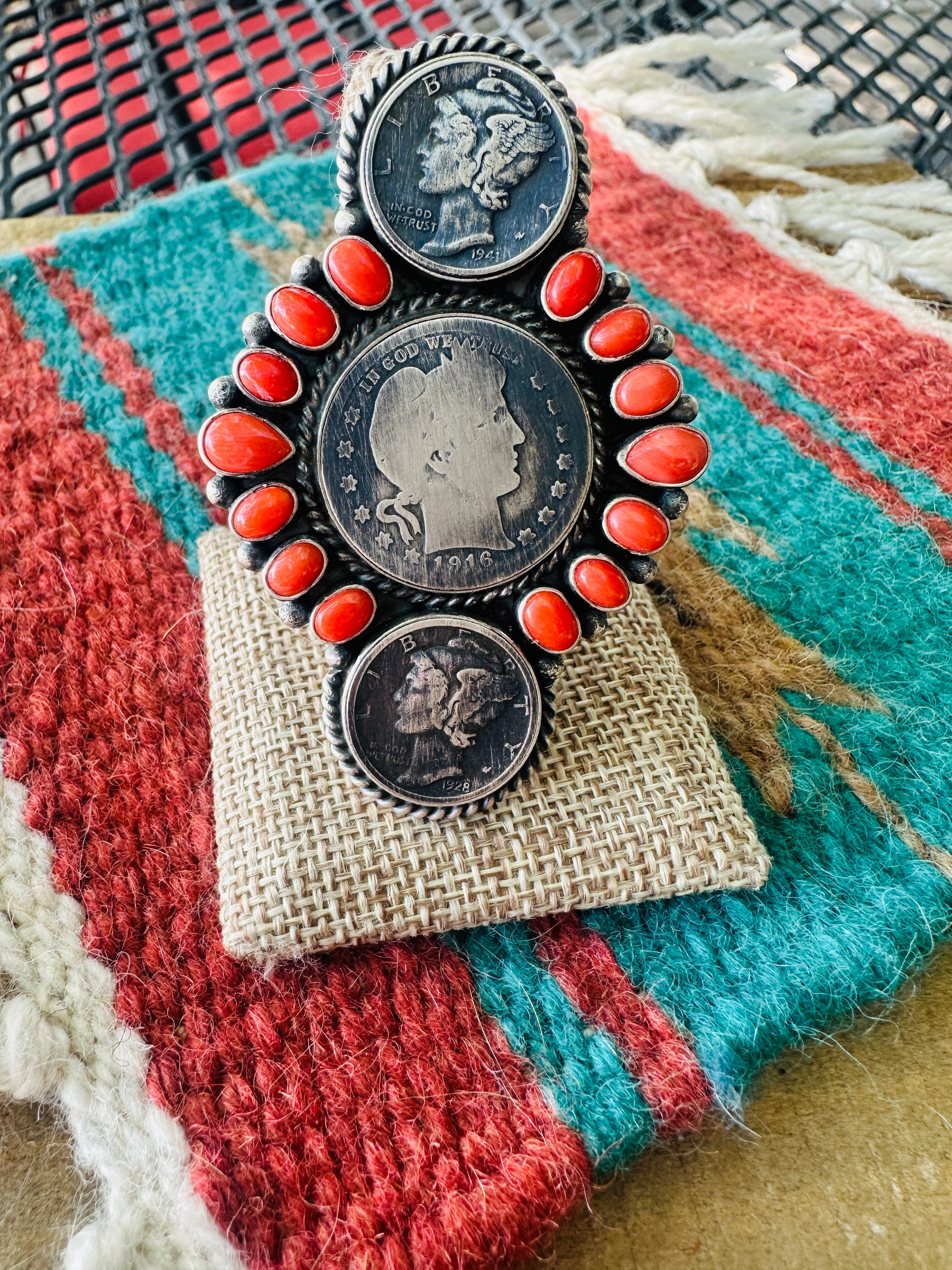 Handcrafted Sterling Silver & Coral Coin Ring Size 9