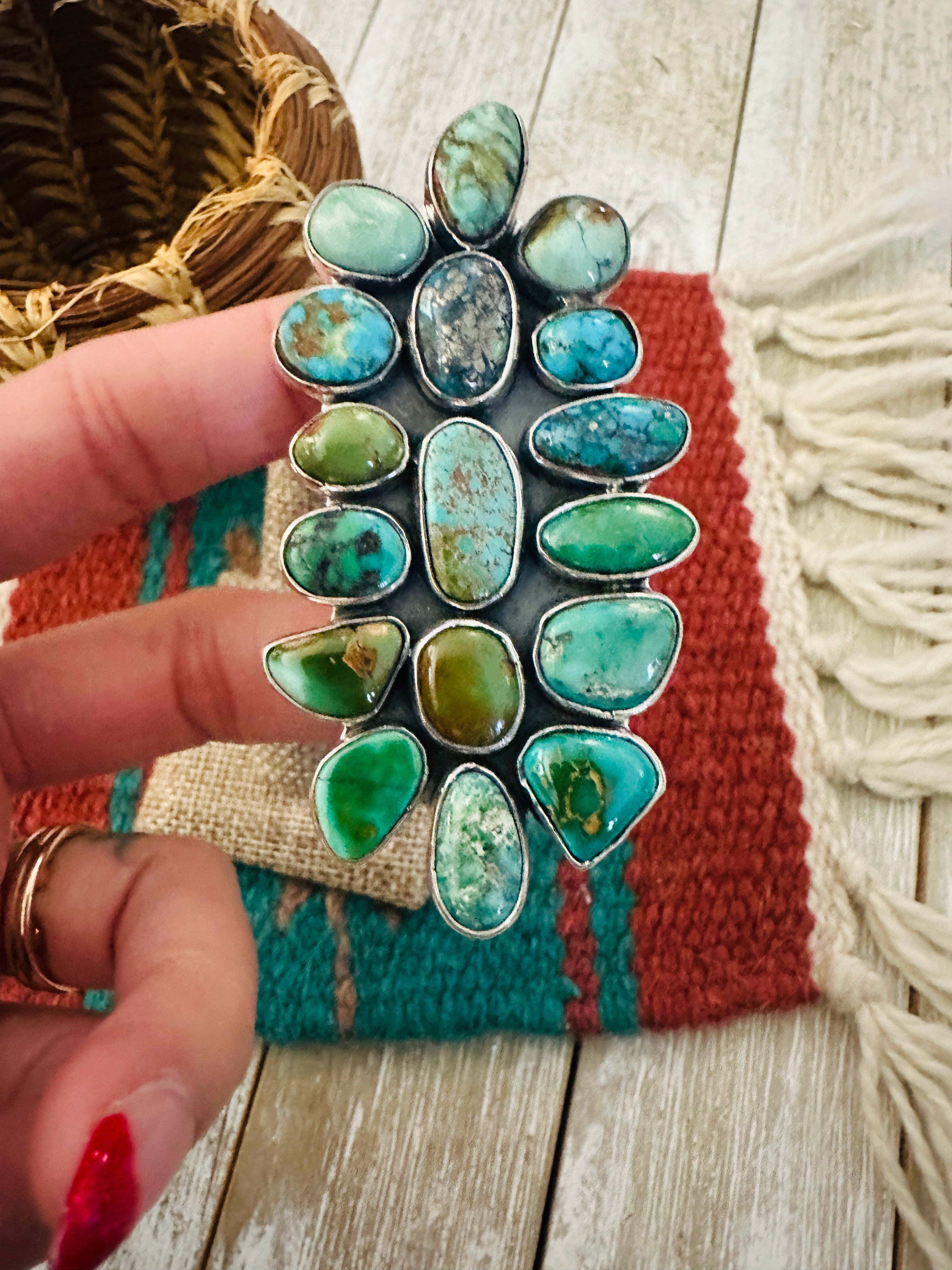 Handcrafted Turquoise & Sterling Silver Cluster Adjustable Ring by Federico Jimenez