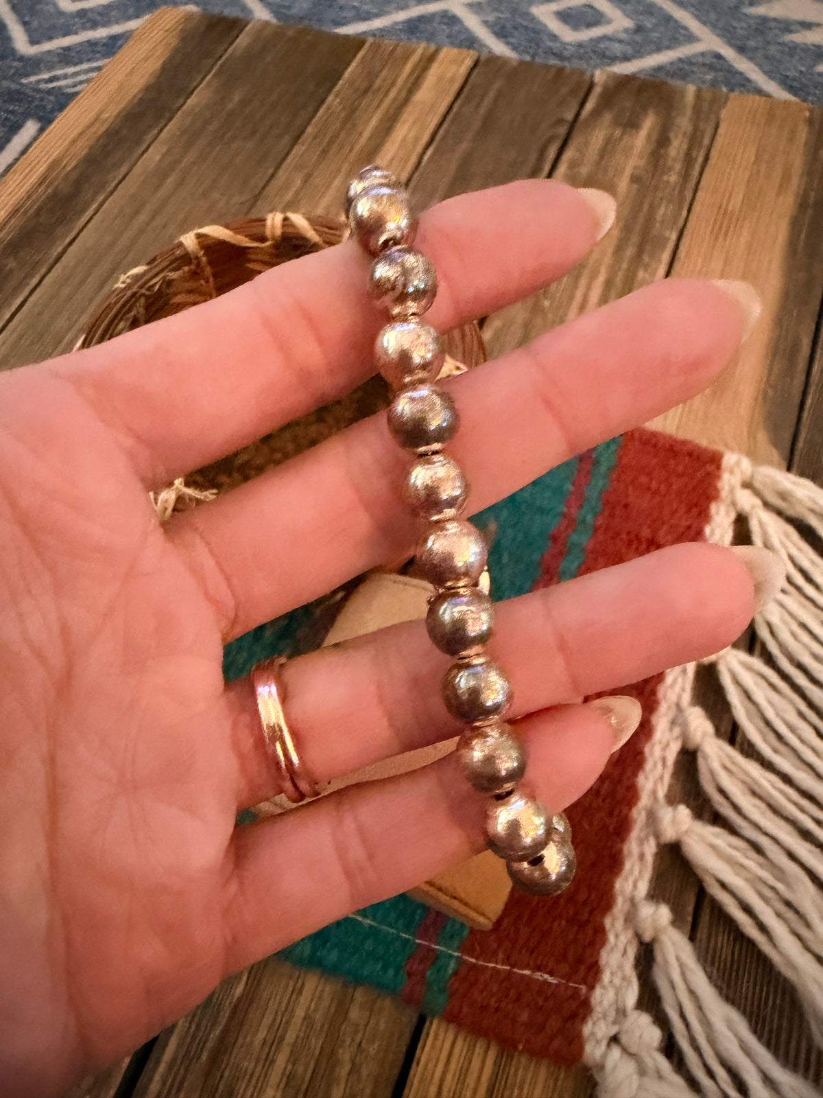 Handcrafted Old Pawn 8mm Sterling Silver Pearl Beaded Bracelet