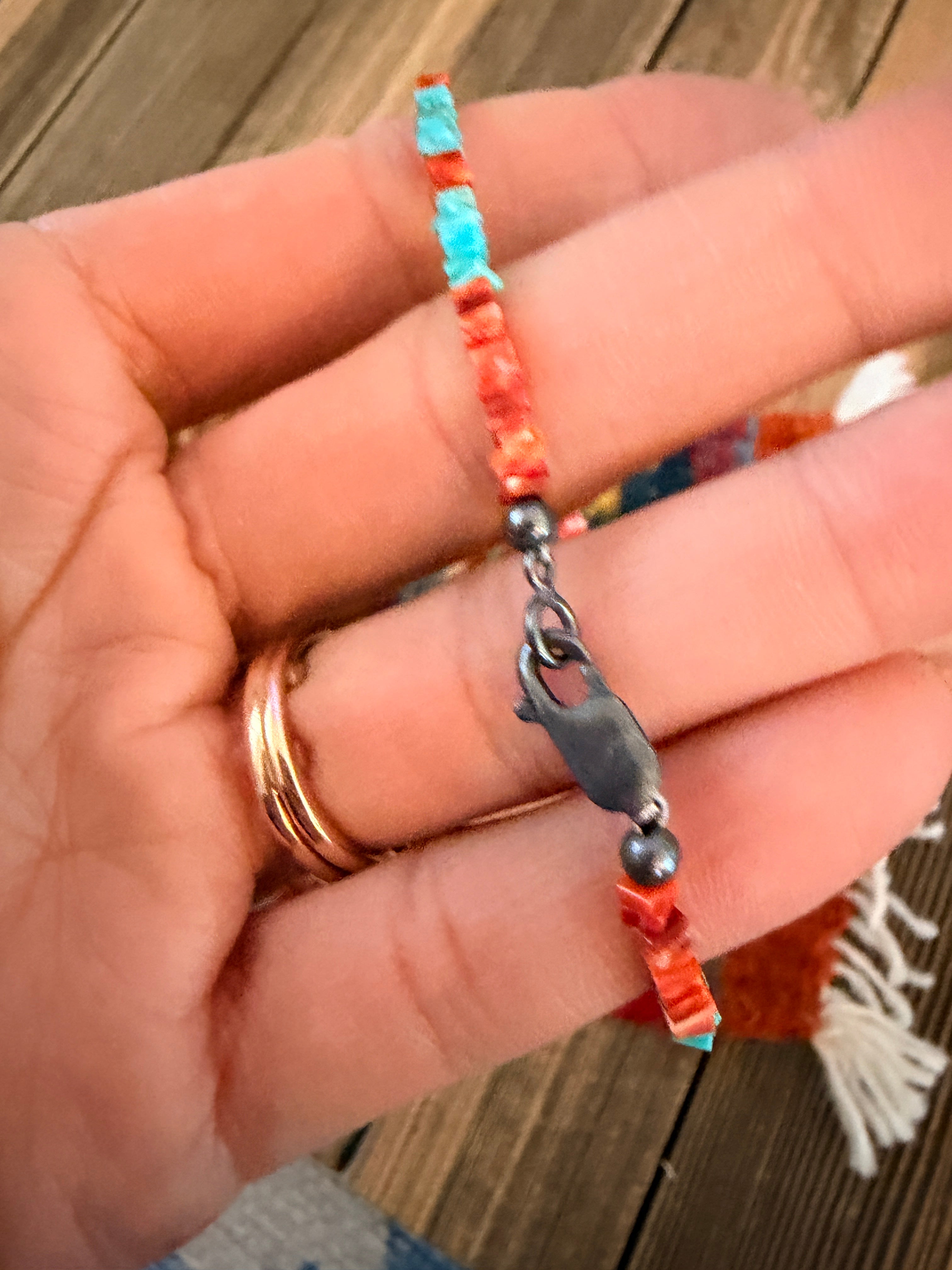 Handcrafted Turquoise, Spiny Oyster & Sterling Silver Beaded Bracelet