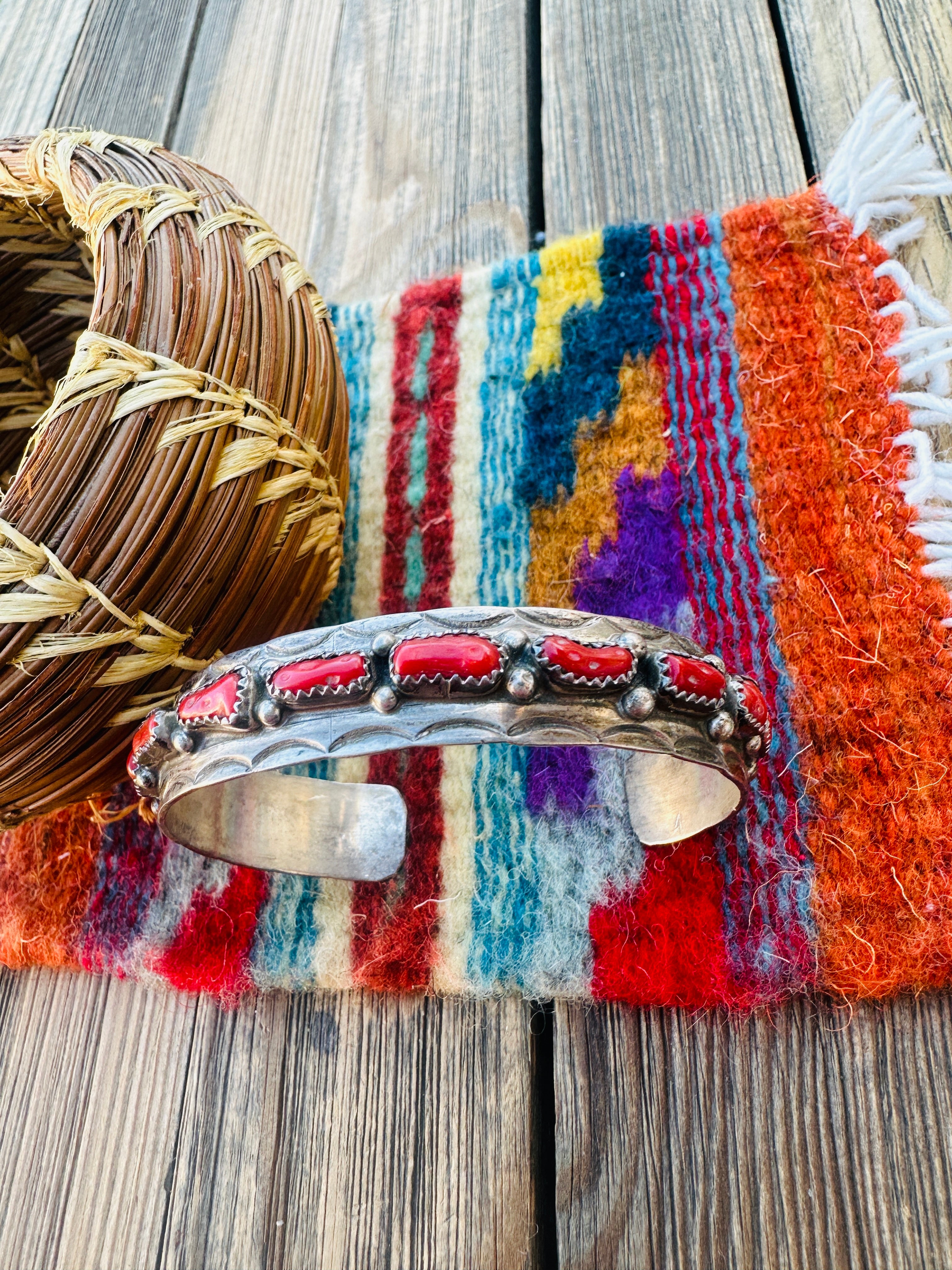 Handcrafted Old Pawn Sterling Silver & Coral Cuff Bracelet