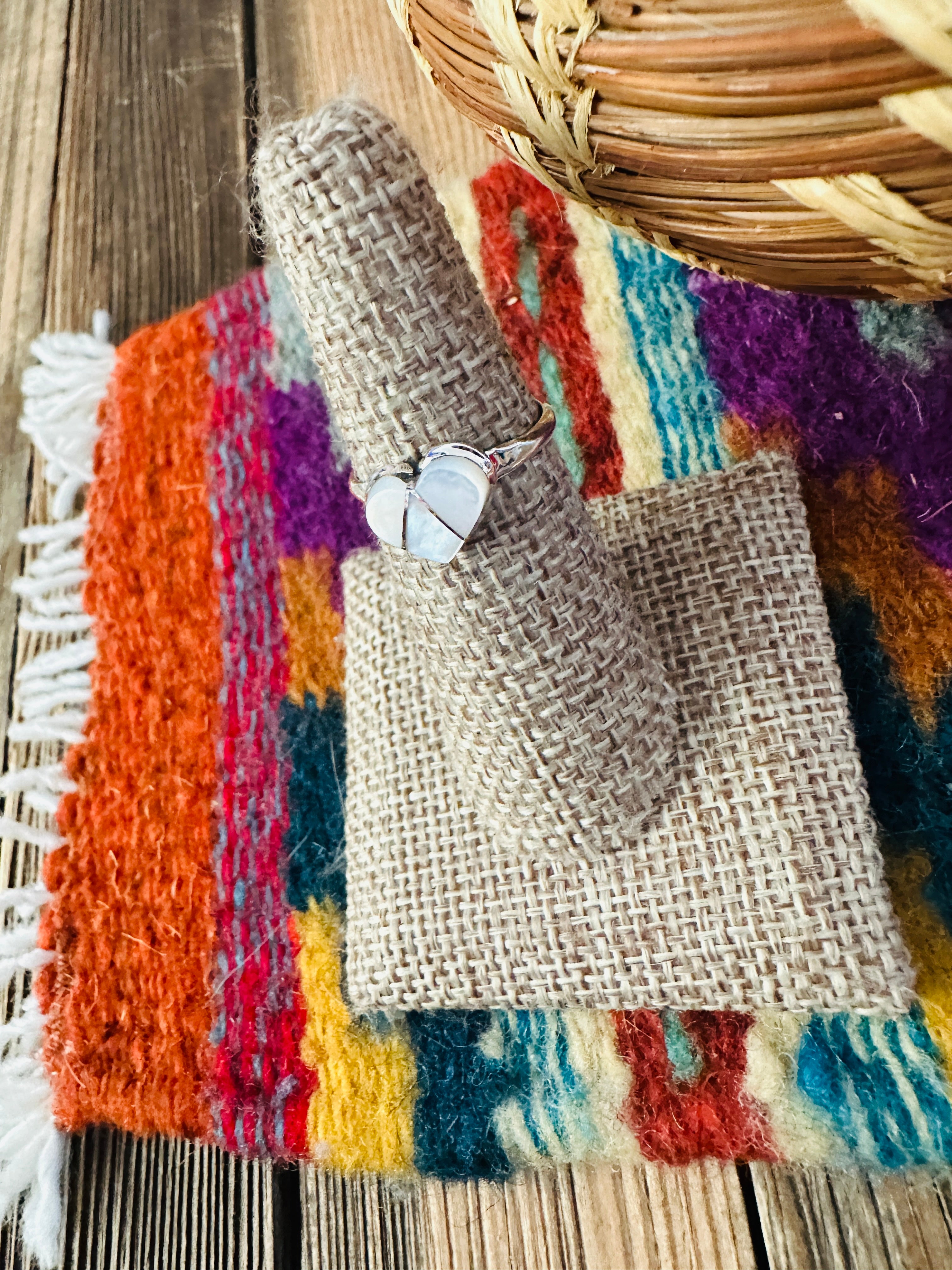 Handcrafted Mother of Pearl & Sterling Silver Inlay Heart Ring Size 6