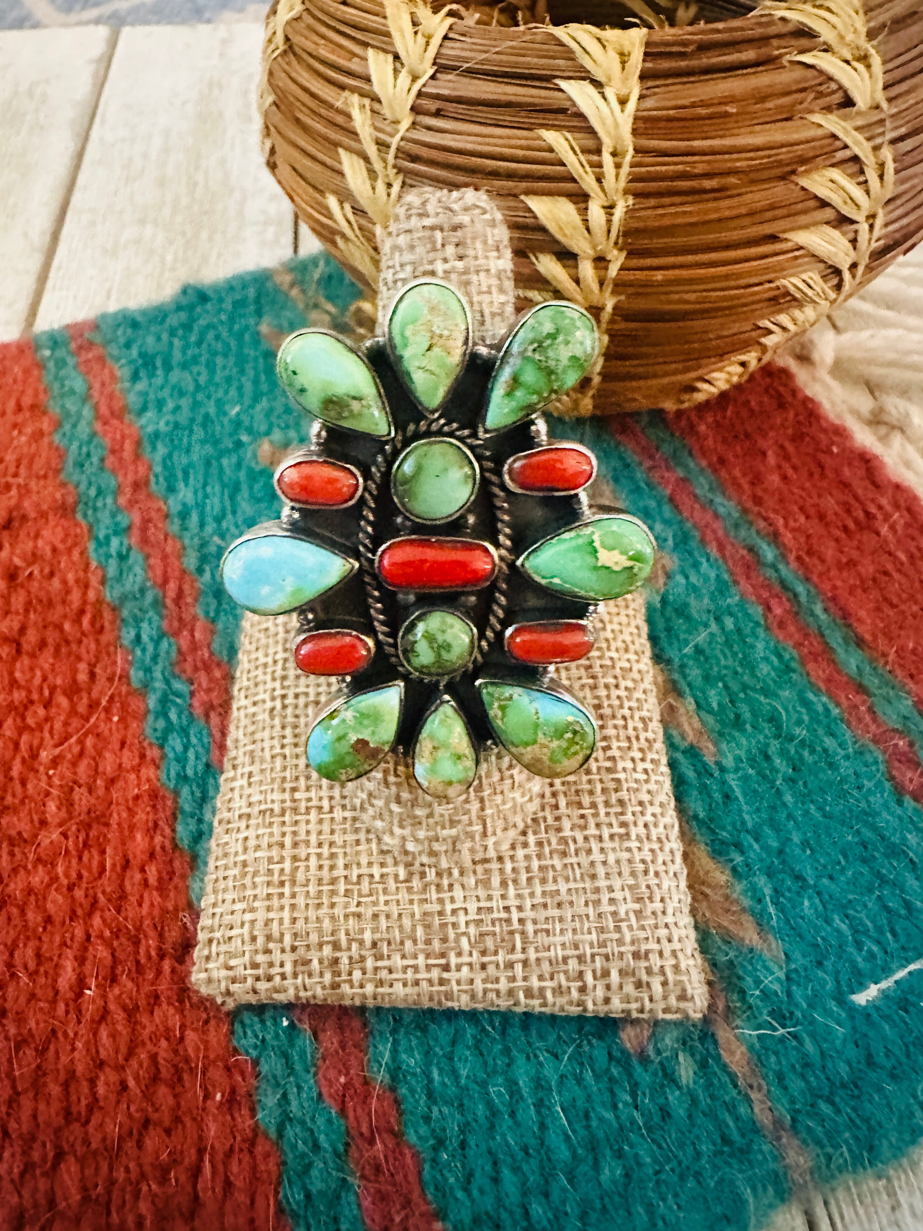 ** Christmas Collection ** Handmade Sterling Silver, Turquoise & Coral Adjustable Ring Signed Nizhoni