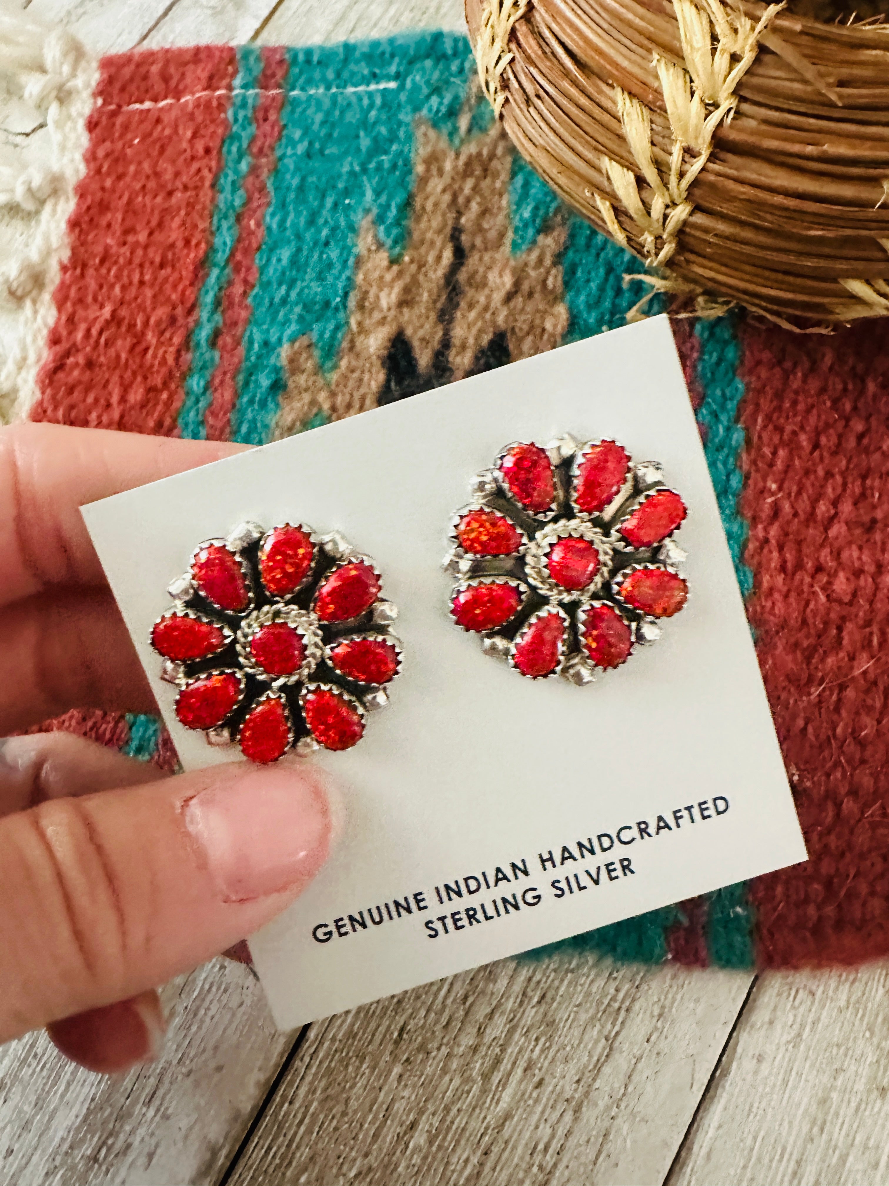 Handcrafted Red Opal & Sterling Silver Cluster Post Earrings