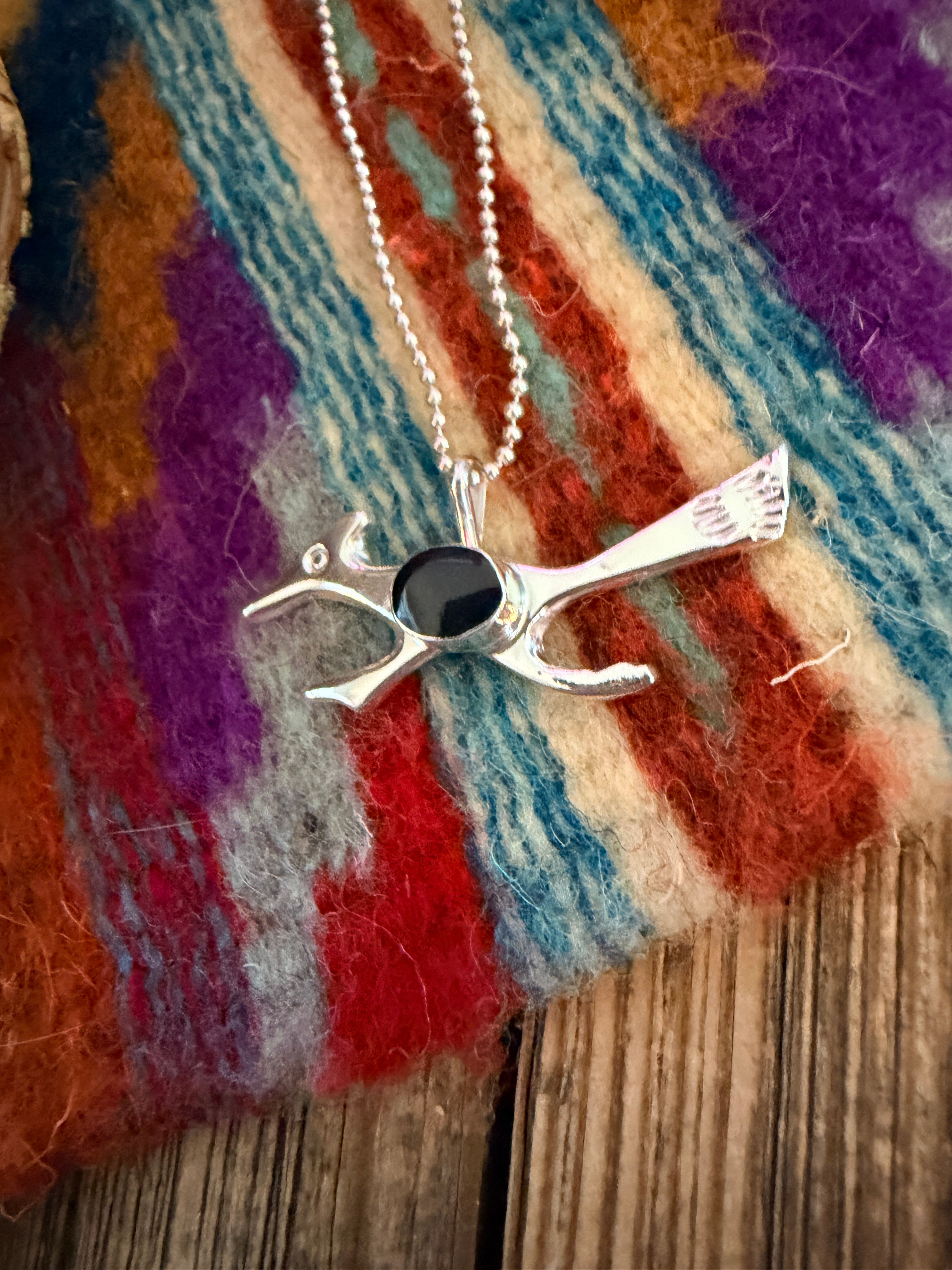 Handcrafted Sterling Silver & Onyx Road Runner Pendant by Joseph Martinez