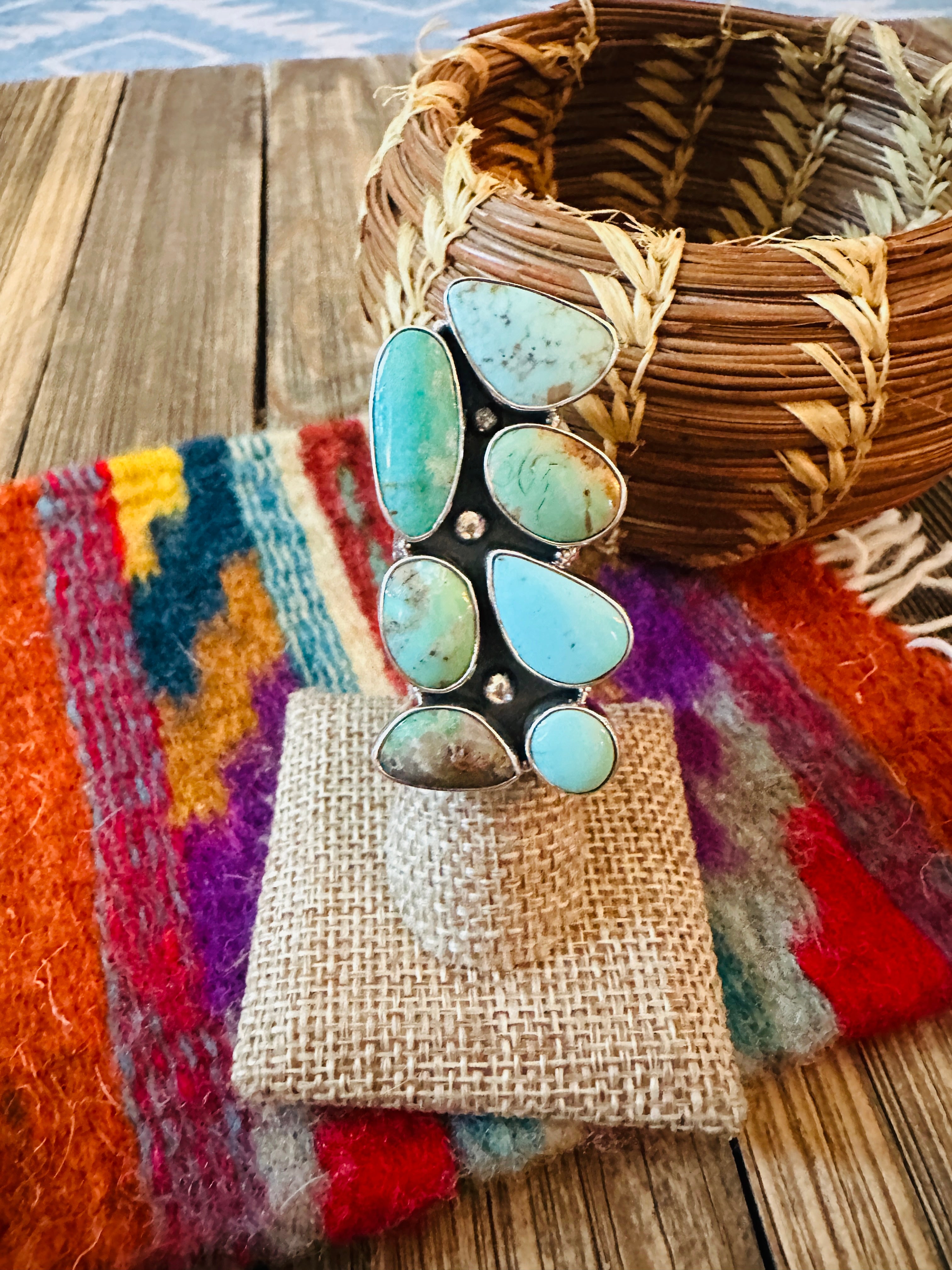 Handcrafted Turquoise & Sterling Silver Cluster Adjustable Ring