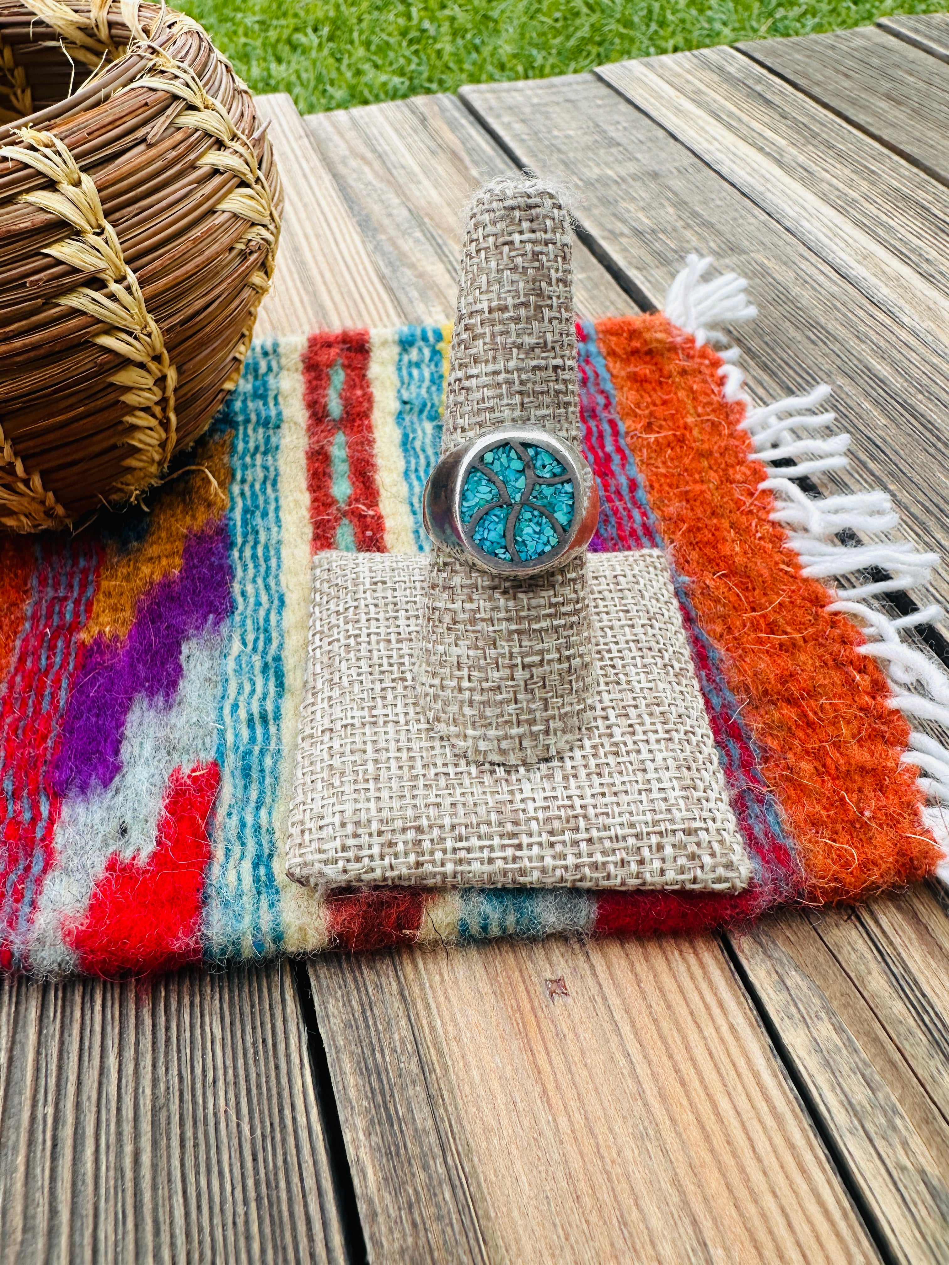 Old Pawn Handcrafted Turquoise & Sterling Silver Inlay Ring Size 8.5