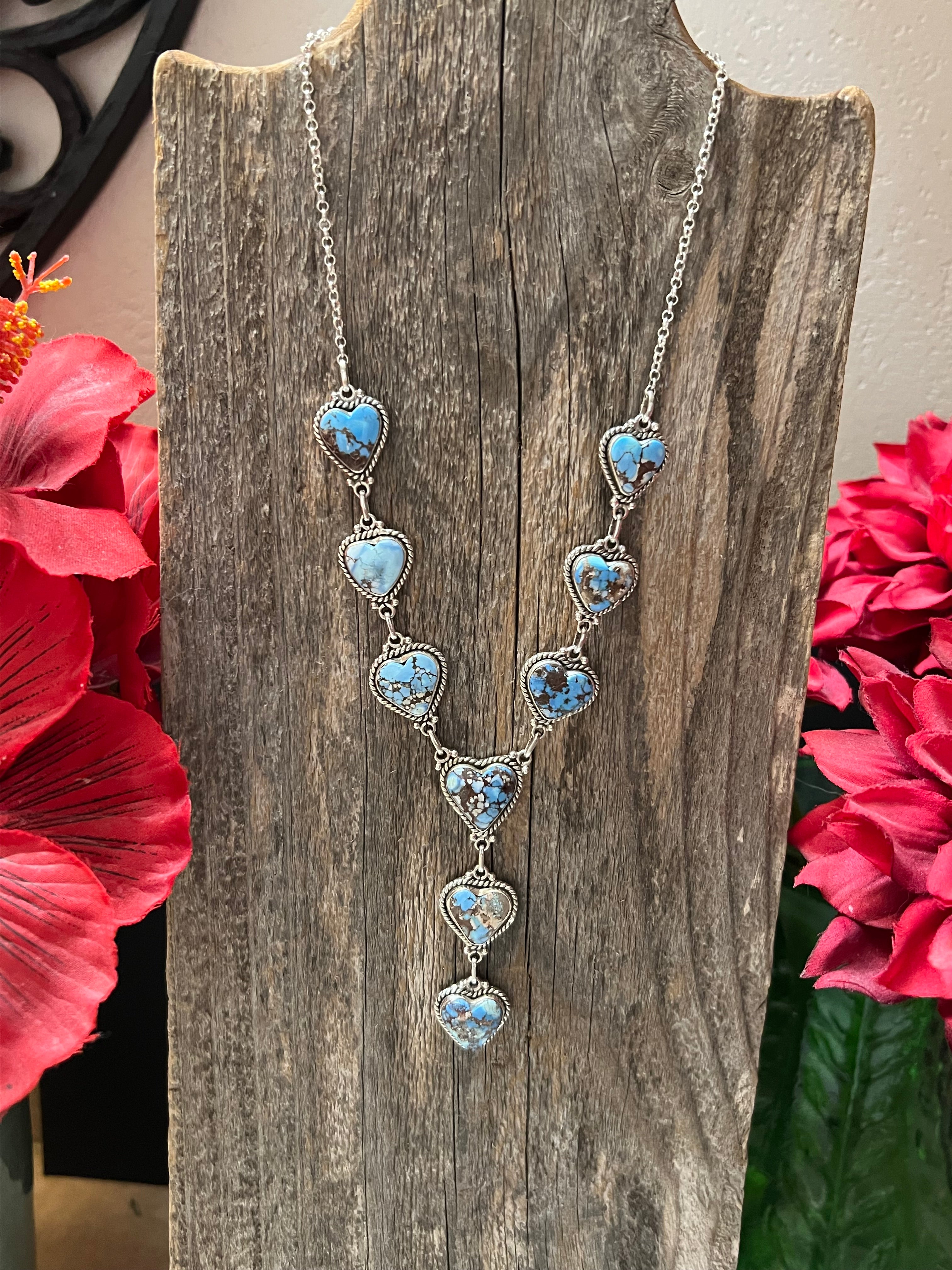 Handmade Sterling Silver & Golden Hills Turquoise 9 Heart Lariat Necklace