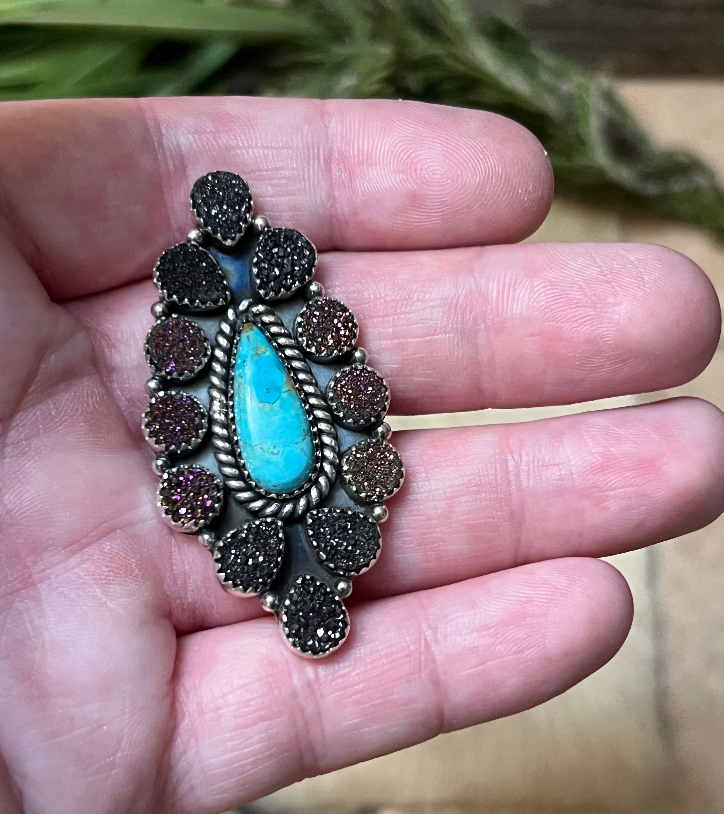 Handmade Sterling Silver Turquoise with Purple & Black Druzy Adjustable Statement Ring