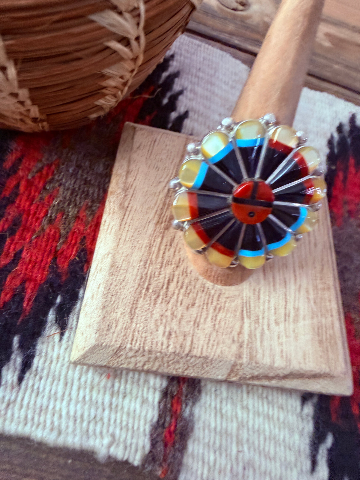 Handcrafted Multi Stone & Sterling Silver Inlay Sun Face Ring Size 8.25