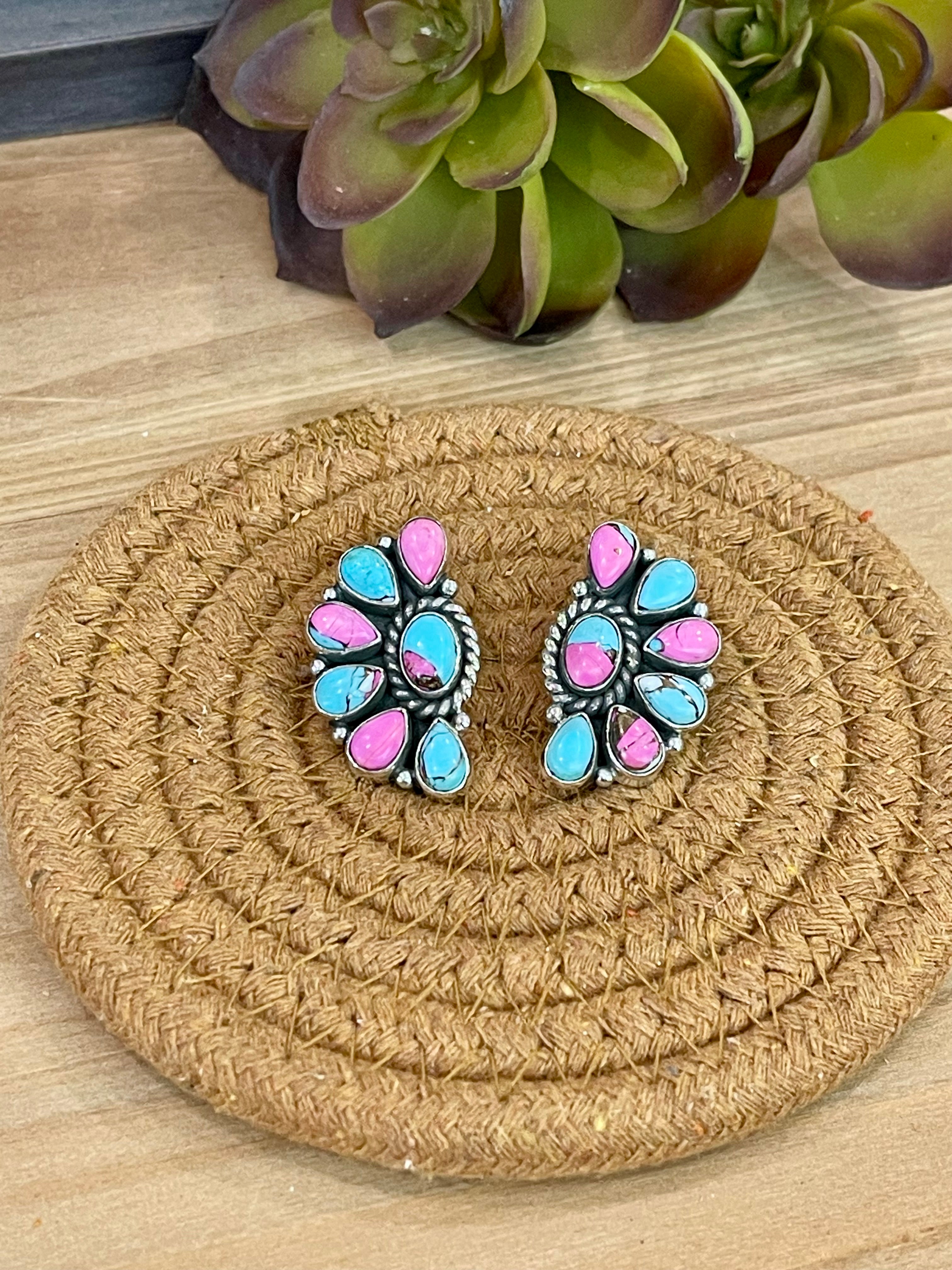 Handmade Sterling Silver Cotton Candy Turquoise Post Earrings with Signed Nizhoni