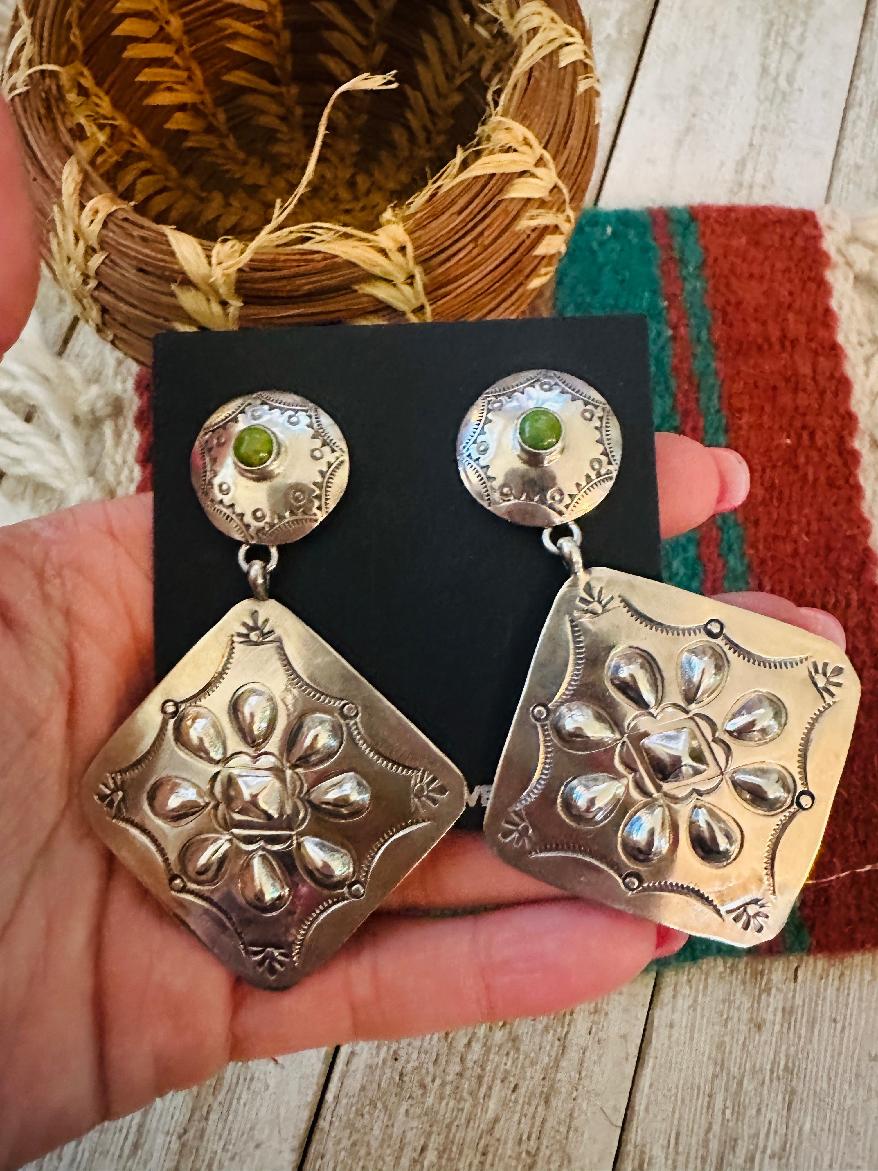 Handcrafted Turquoise & Sterling Silver Concho Dangle Earrings by Benson Shorty