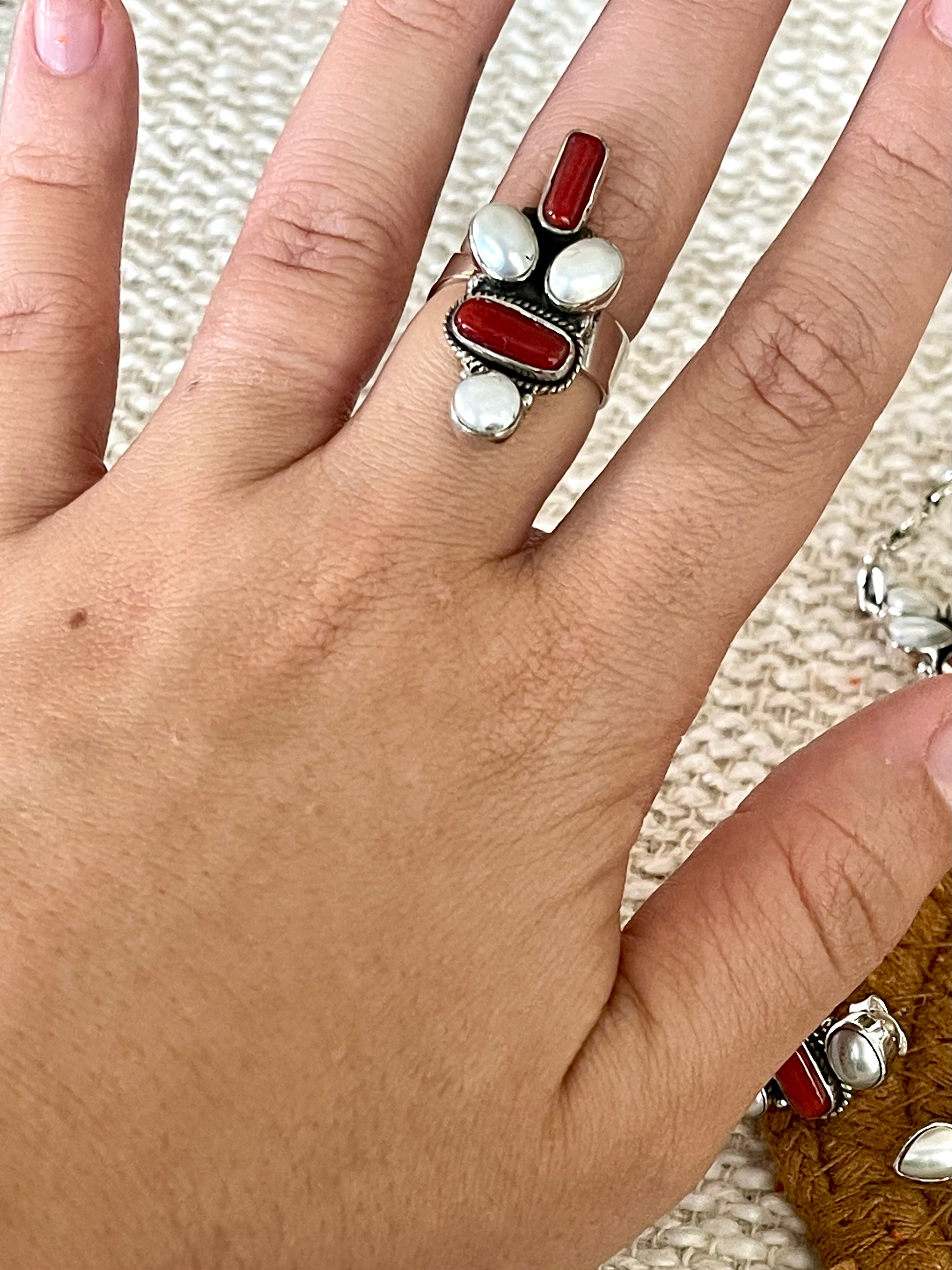 ** 4TH OF JULY ** Handmade Sterling , Silver Synthetic Opal & Coral Necklace, Earring & Ring Set with Signed Nizhoni