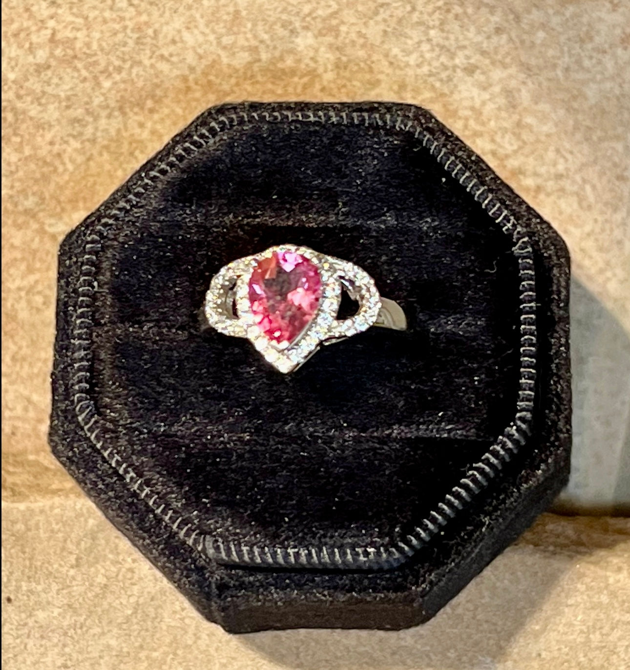 Pink Topaz & CZ Tear Drop Shape Sterling Silver Ring