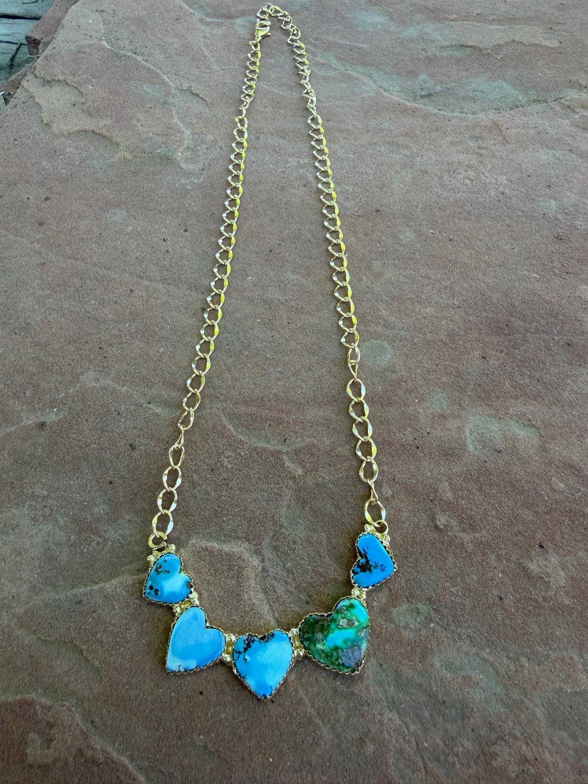 “The Golden Collection” Handmade Natural Golden Hills, Sonoran Turquoise Gold Plated Necklace STYLE 3 hearts