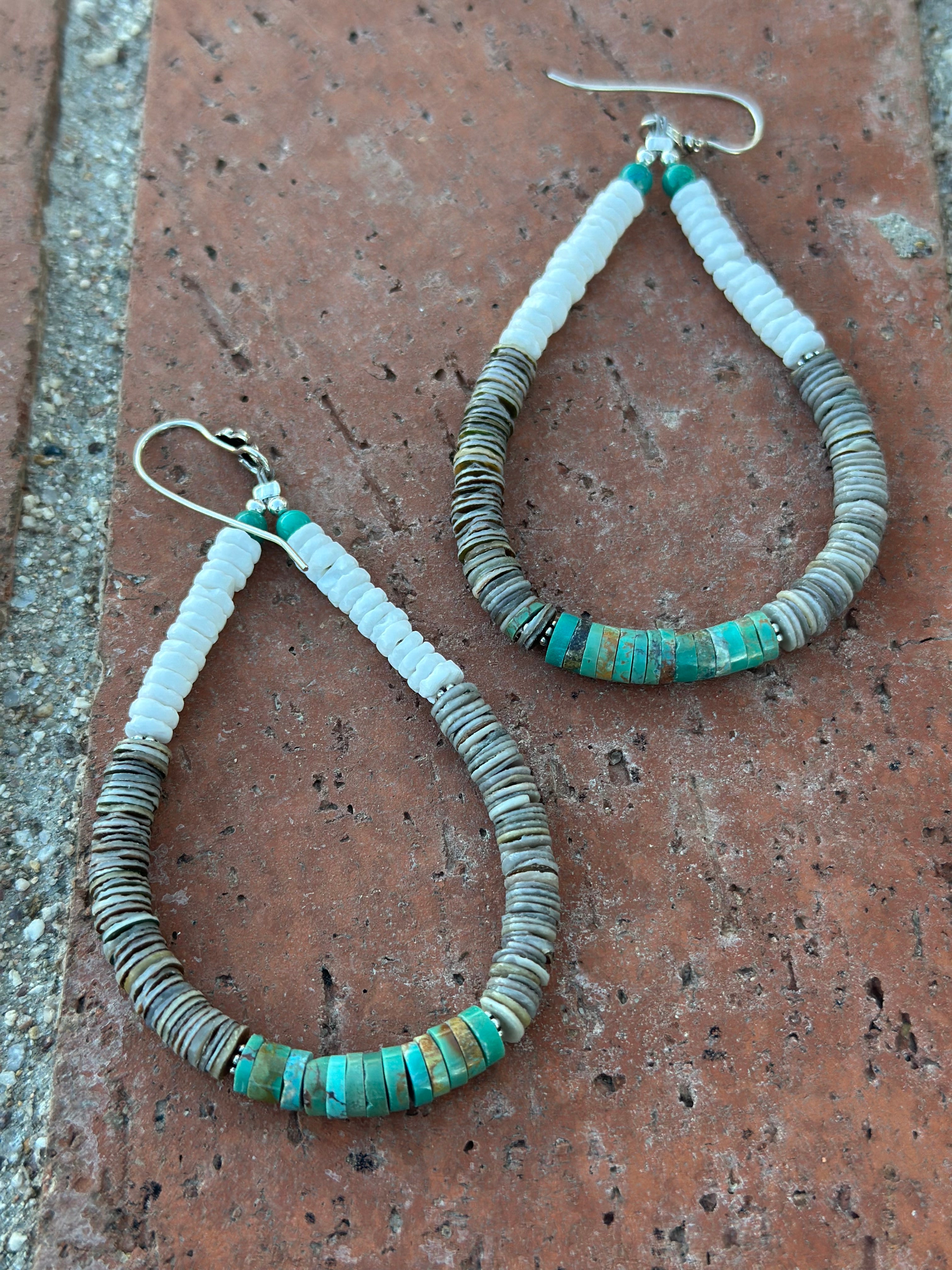Handmade Turquoise & Heishi Beaded Hoop Earrings 4”