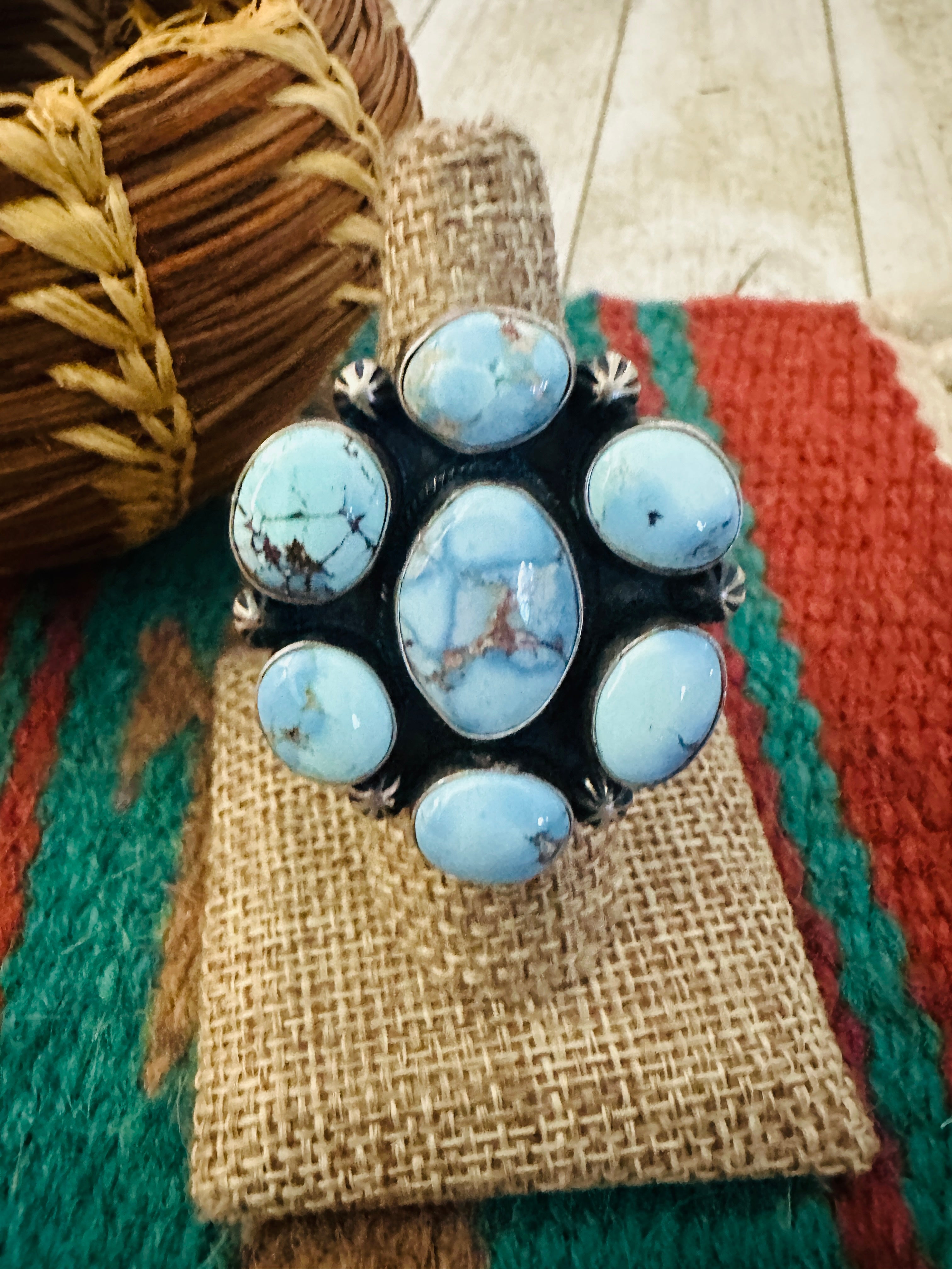 Handcrafted Golden Hills Turquoise & Sterling Silver Ring Size 7.5 by Paul Livingston