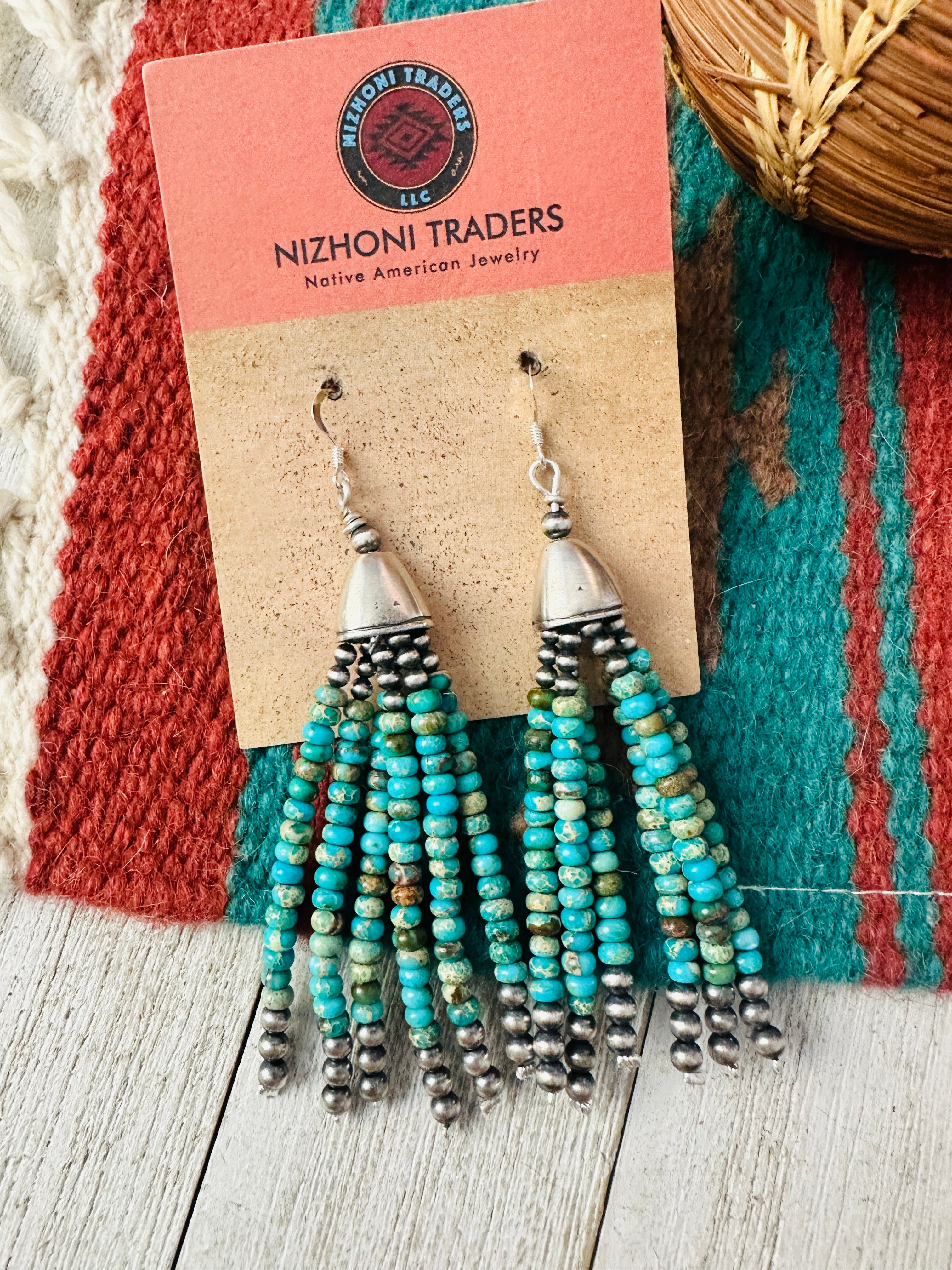 Handcrafted Turquoise & Sterling Silver Pearl Beaded Tassel Dangle Earrings