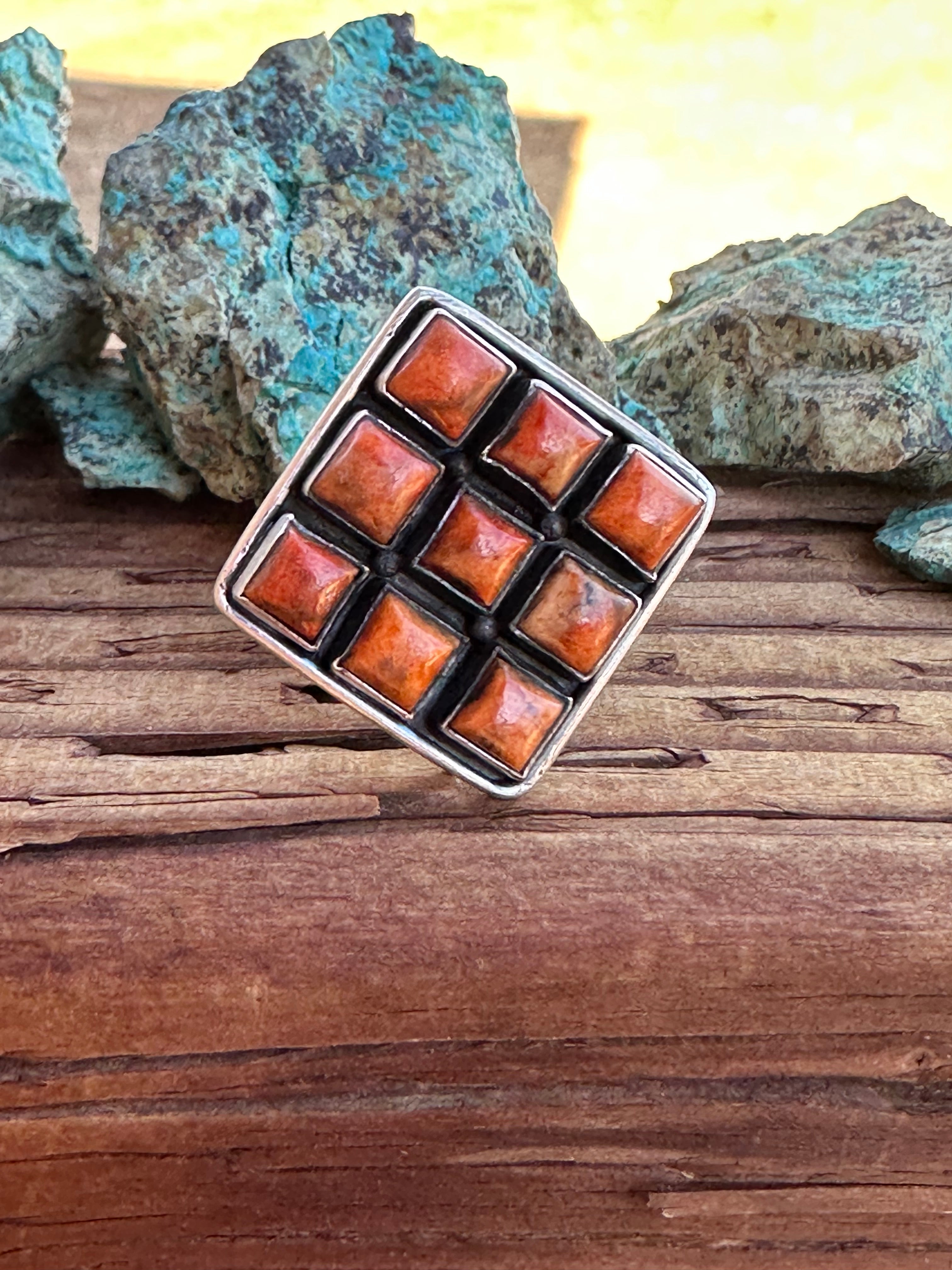 Beautiful Handmade Sterling Silver And Orange Mojave Square Adjustable Ring