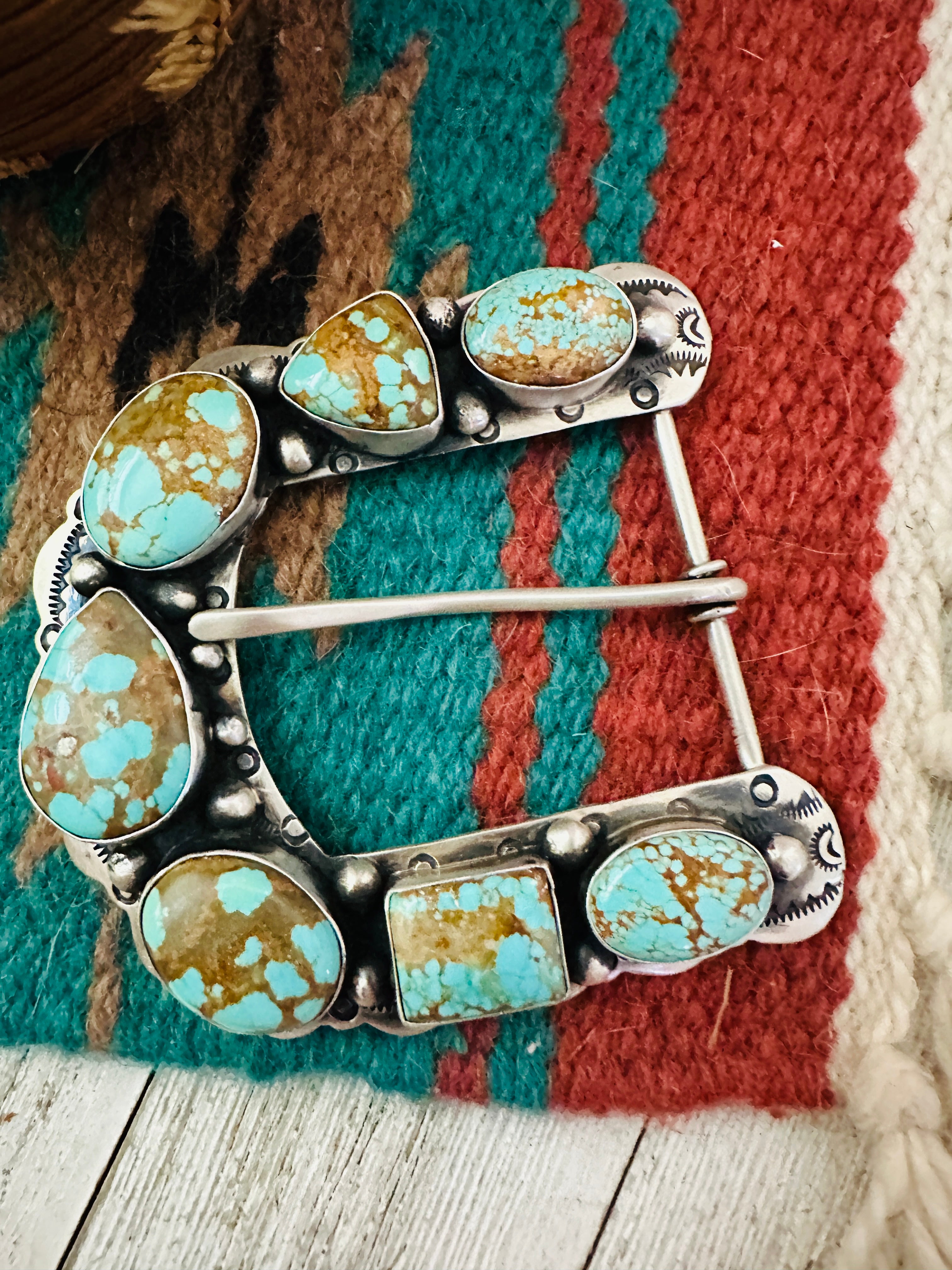 Handcrafted Number 8 Turquoise & Sterling Silver Belt Buckle by Russell Sam
